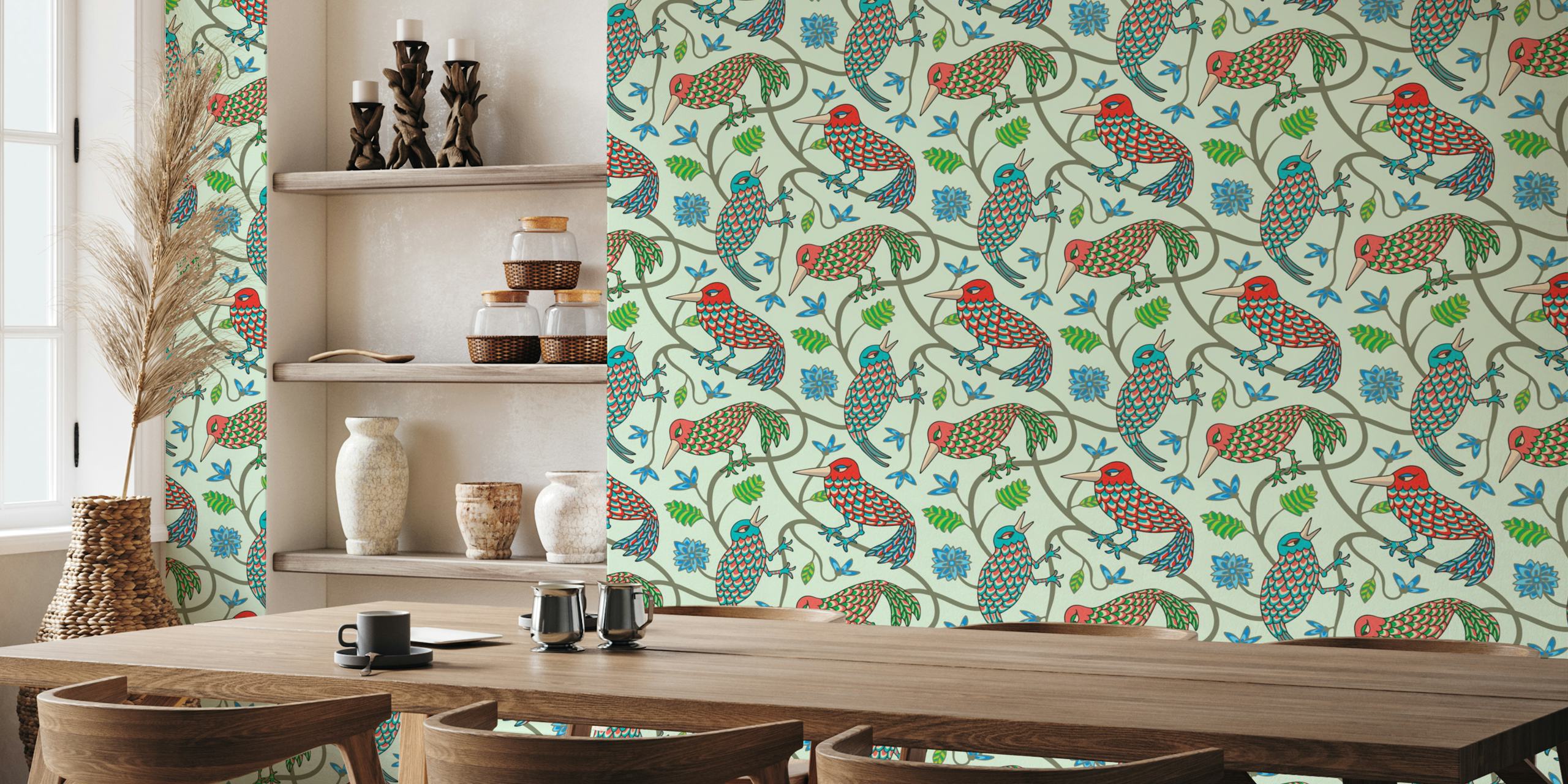 Colorful Kawaii birds with flowers on light green wallpaper