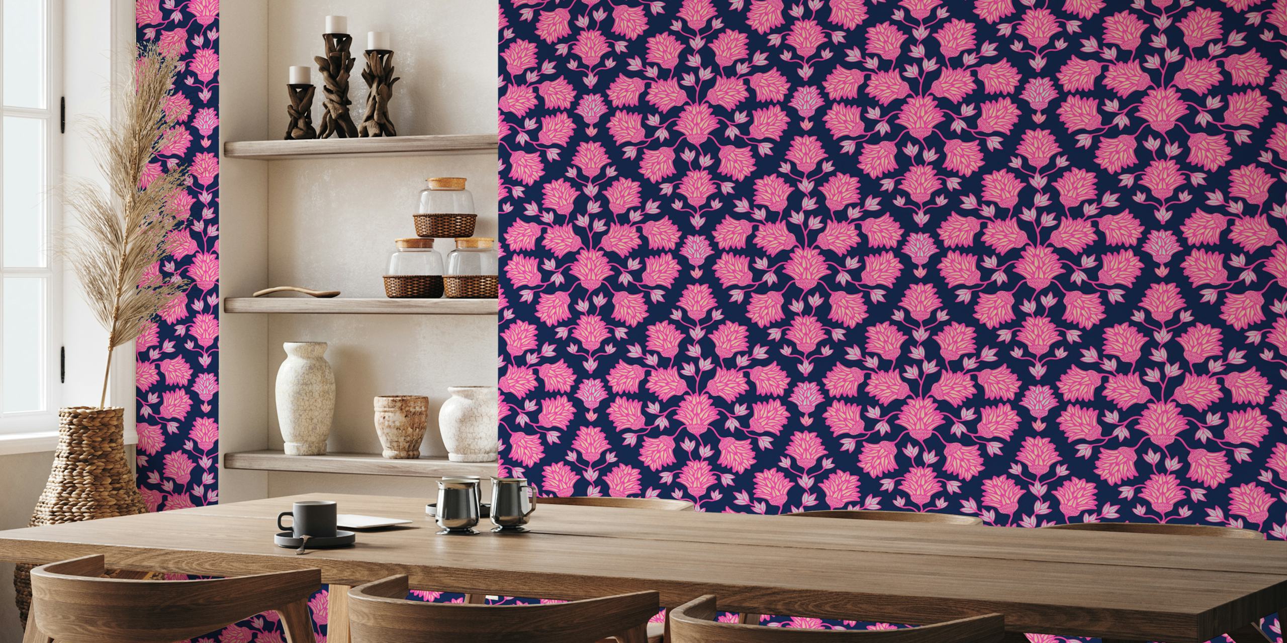 Pink floral damask design on dark blue background wallpaper