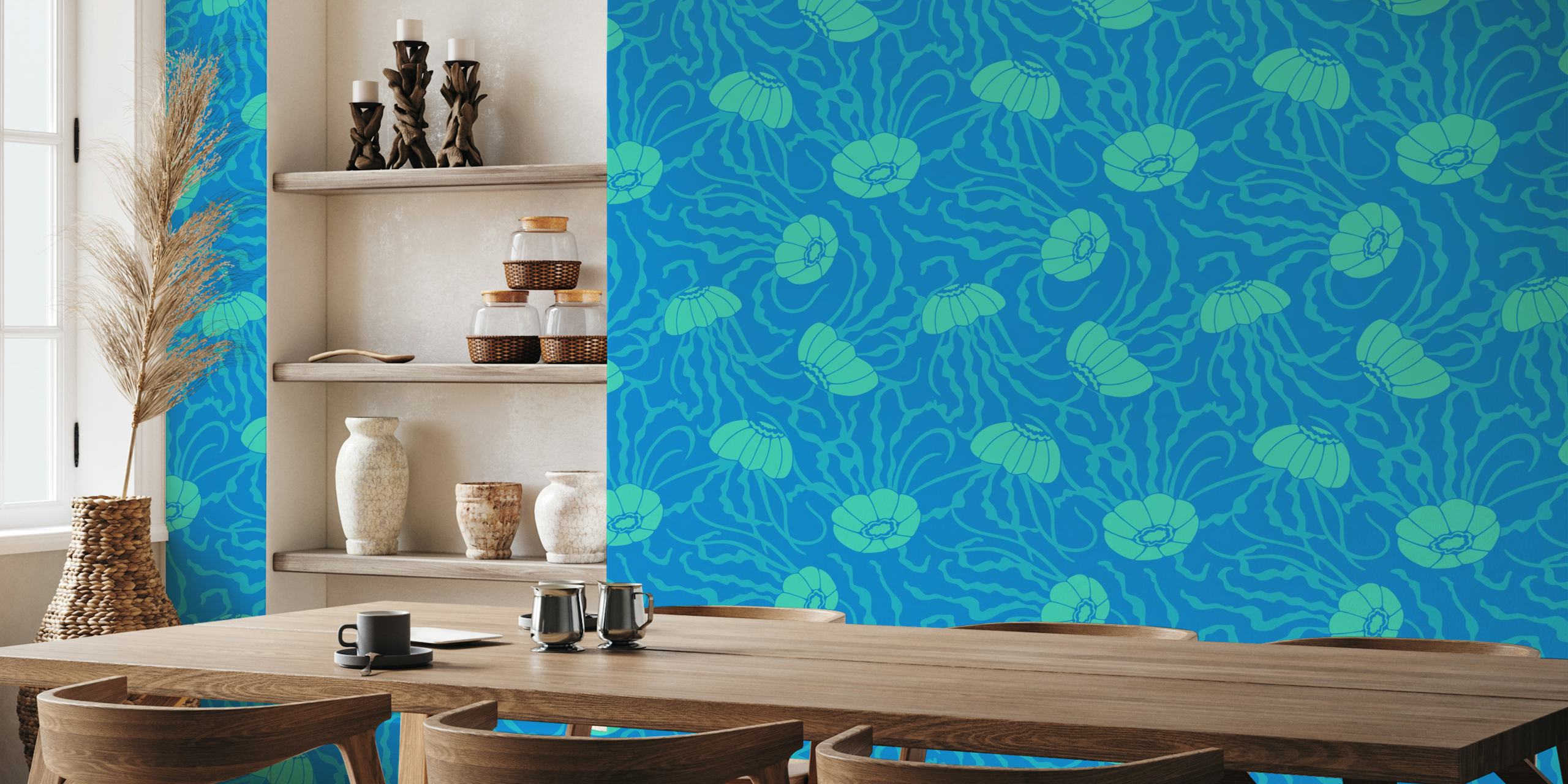 Σχεδίαση Ταπετσαρίας Τουρκουάζ Μπλε Jellies Swimming Jellyfish - Turquoise Blue Σε Ένα Δωμάτιο