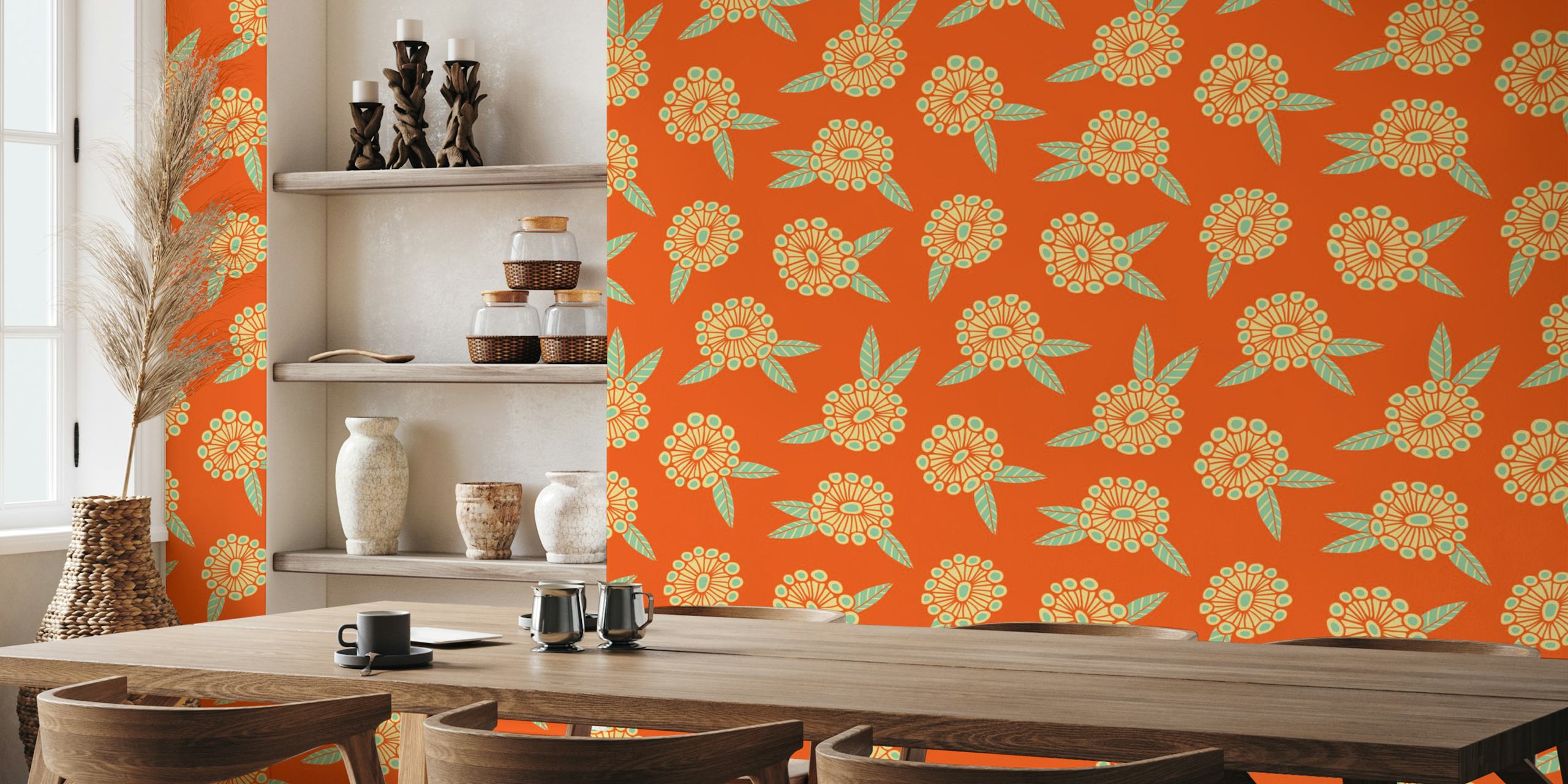 Decorazione murale con motivo floreale retrò caldo e solare su sfondo arancione brillante