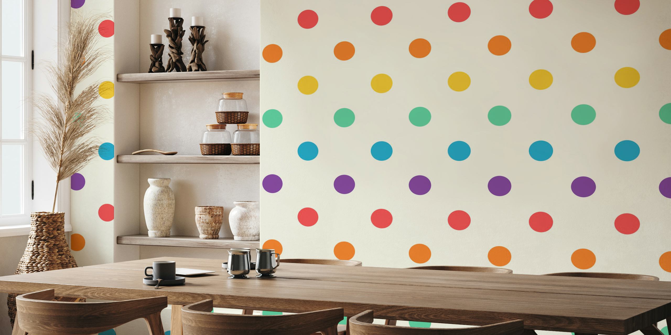 Rainbow polka dots wallpaper i et rom