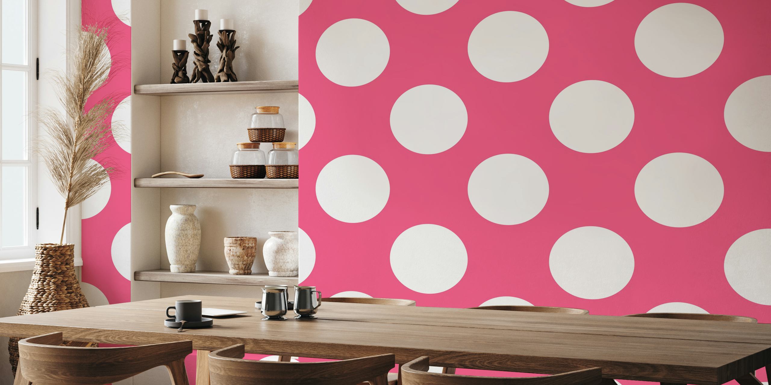 Hot pink polka dot wallpaper on a white background for a vibrant room decor