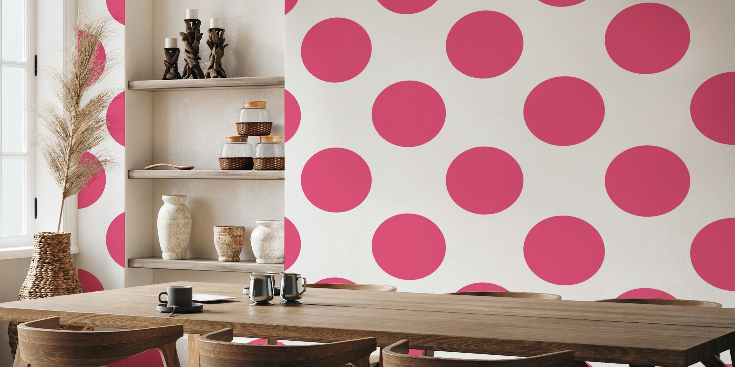 Hot pink polka dots on a white background wallpaper