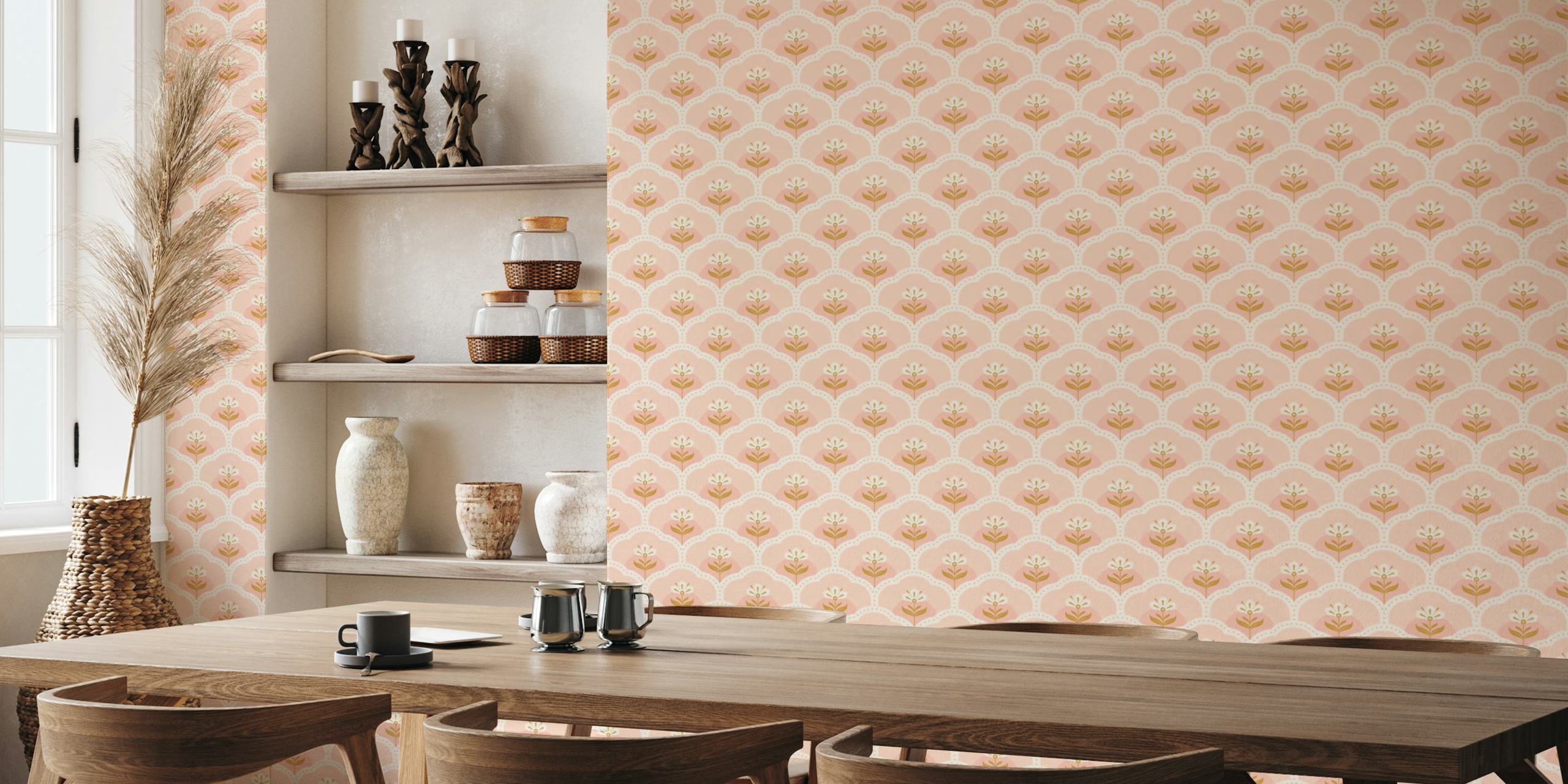 Scallop pattern with blush pink and white flowers wallpaper