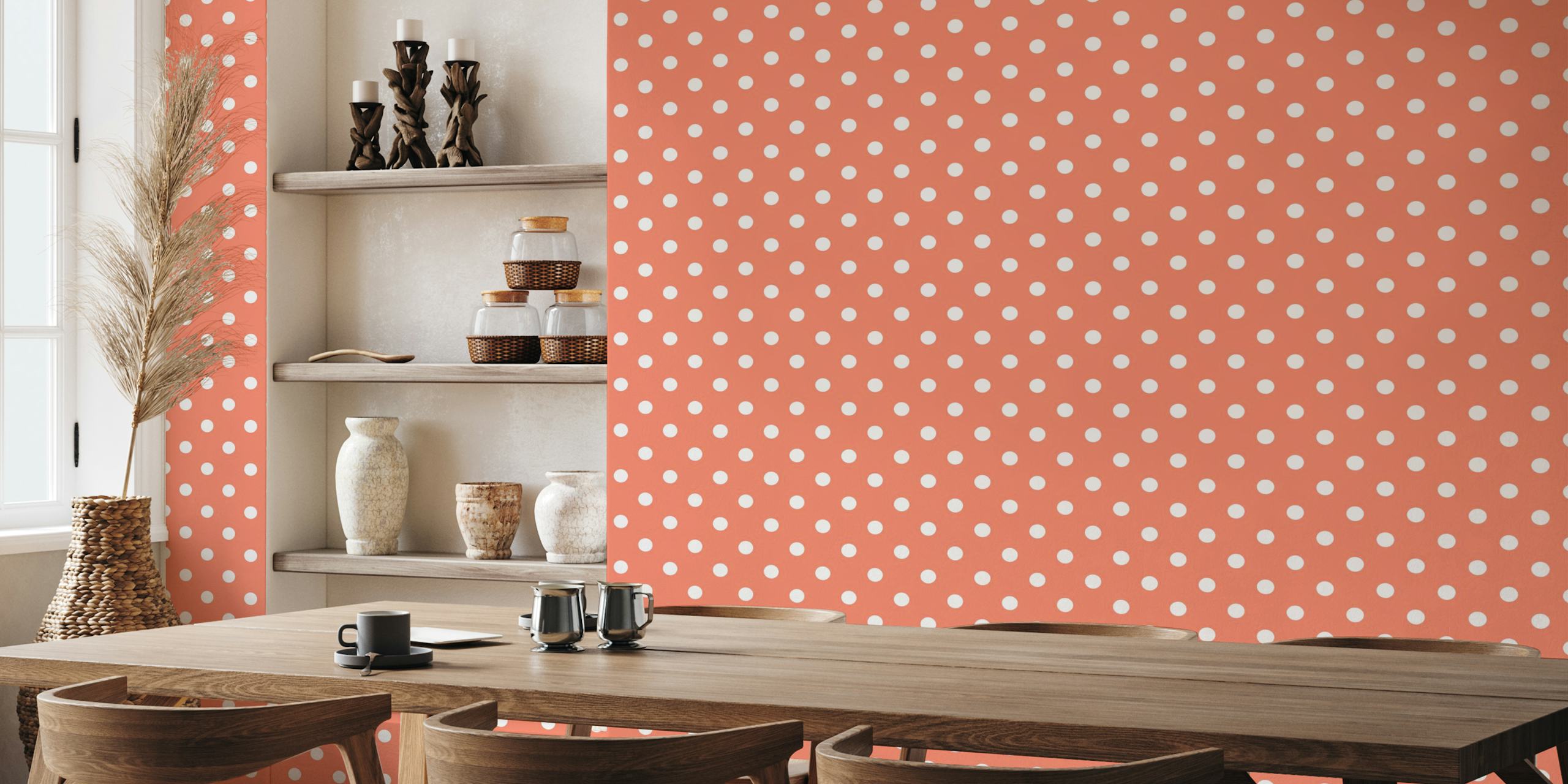 White polka dots on coral background wallpaper