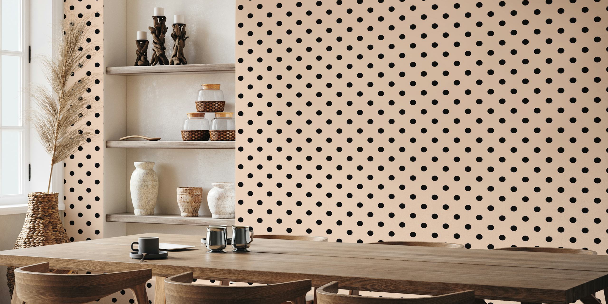 Polka Dots - Black dots on Pink background wall mural