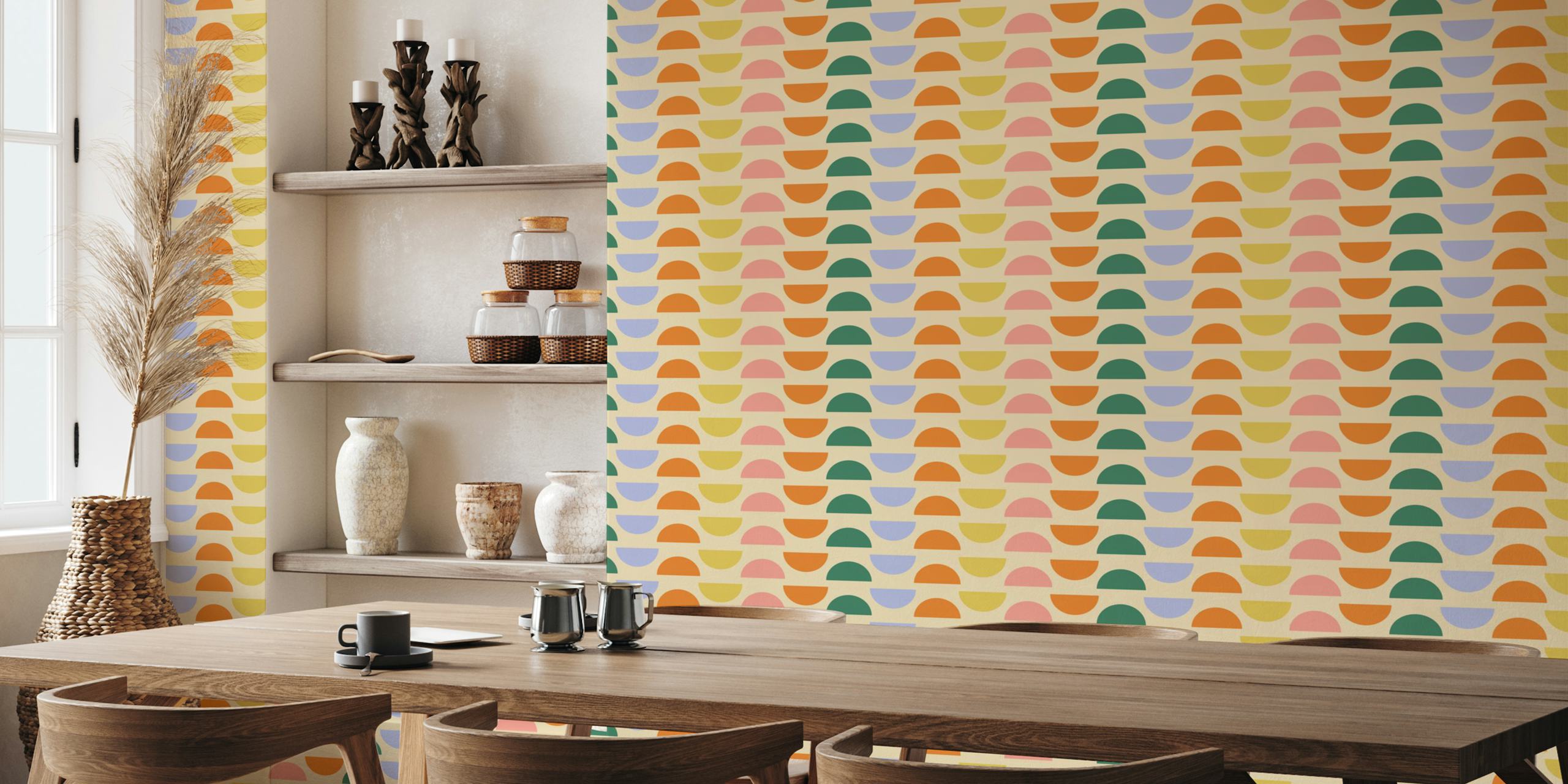 Pastel geometric shapes in pink, green, orange, and blue wallpaper