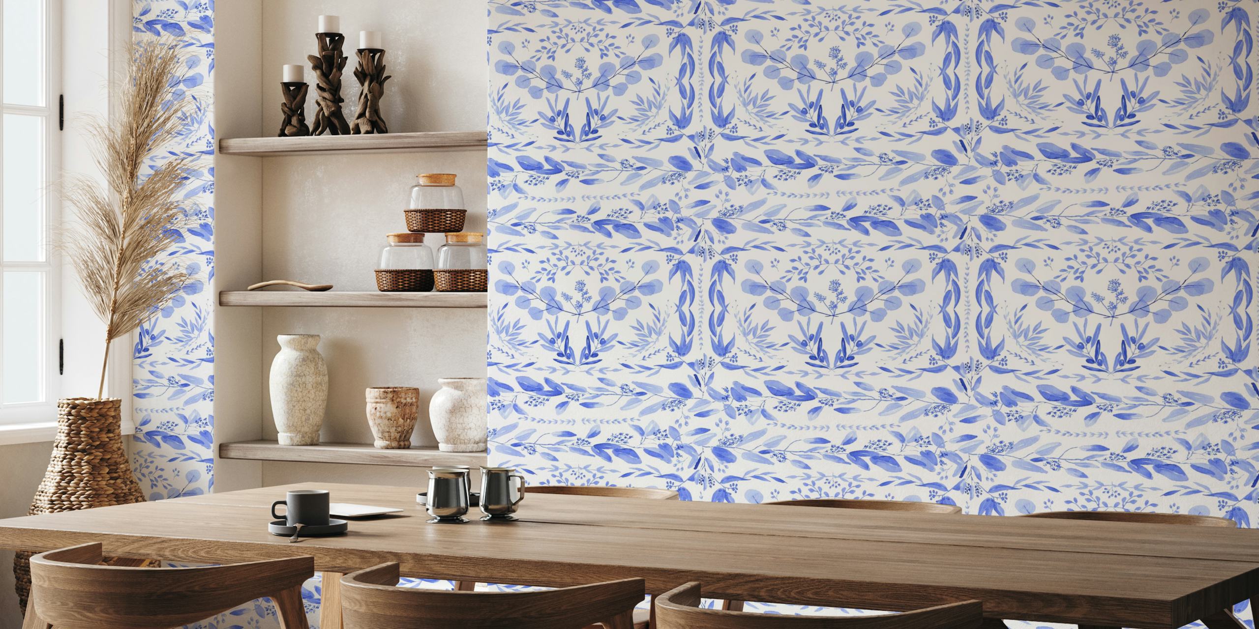 fotomural vinílico de parede com padrão floral mediterrâneo azul e branco.