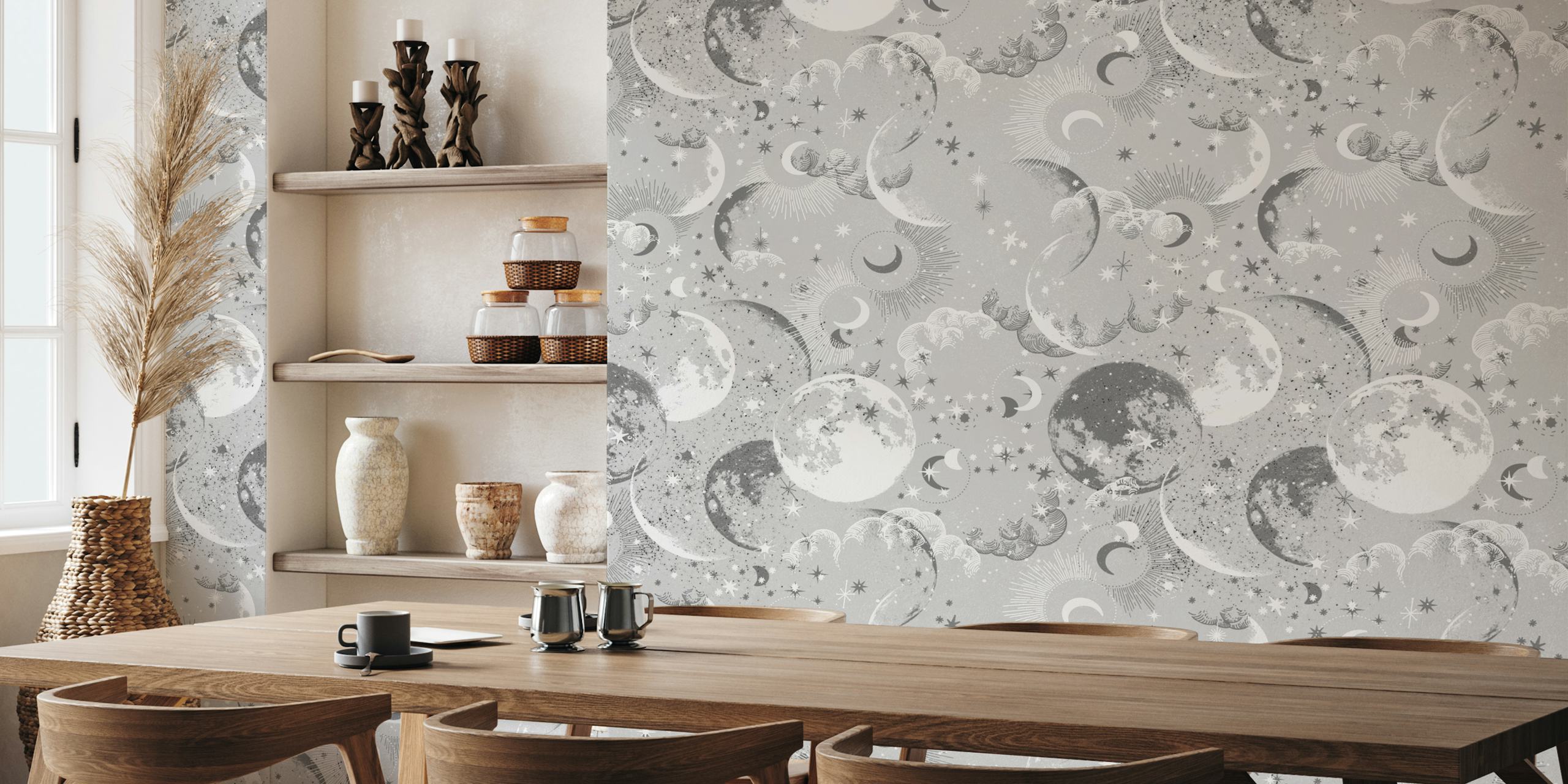 Celestial design with moons, stars, and clouds in grey and silver wallpaper