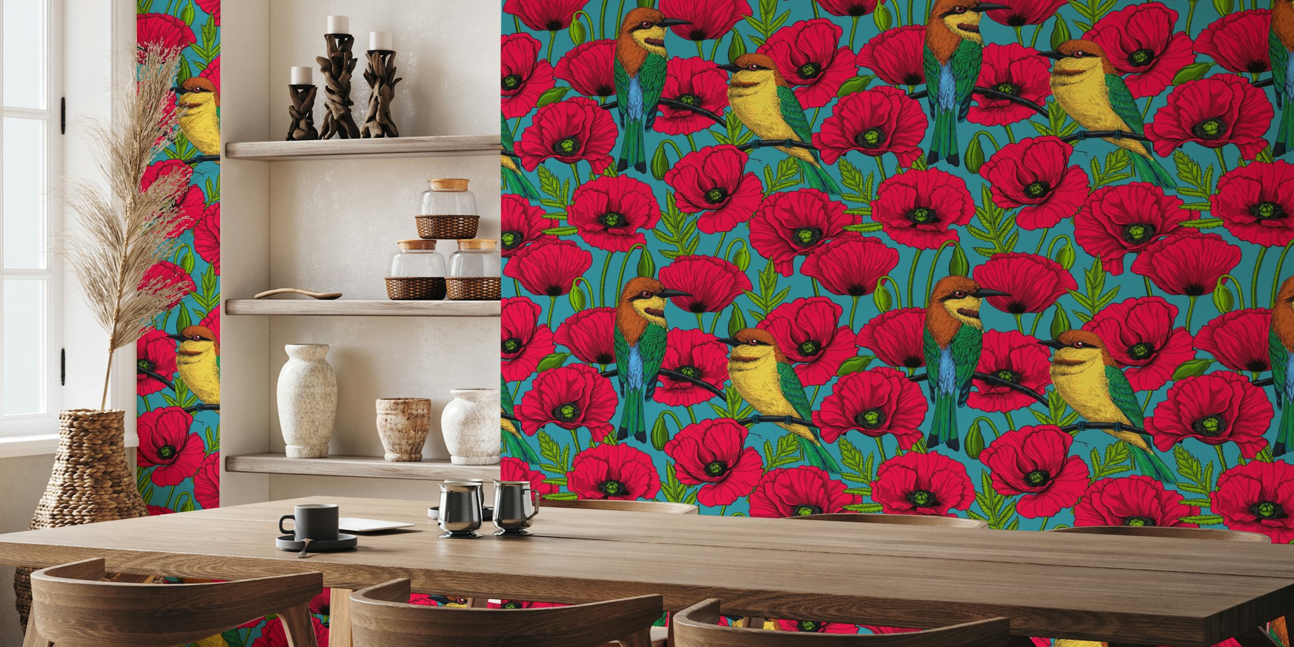 Bee eaters and red poppies on turquoise background wallpaper