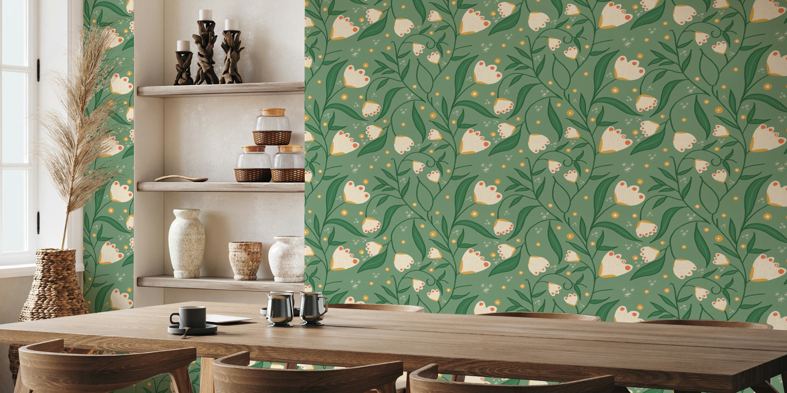 Blumenmuster in grün mit weißen und gelben Blumen; stilvolle Tapete