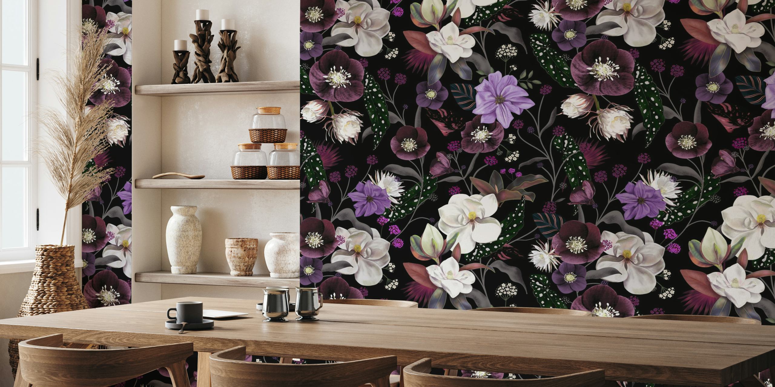 Black floral wallpaper featuring orchids and purple flowers with delicate leaves and stems