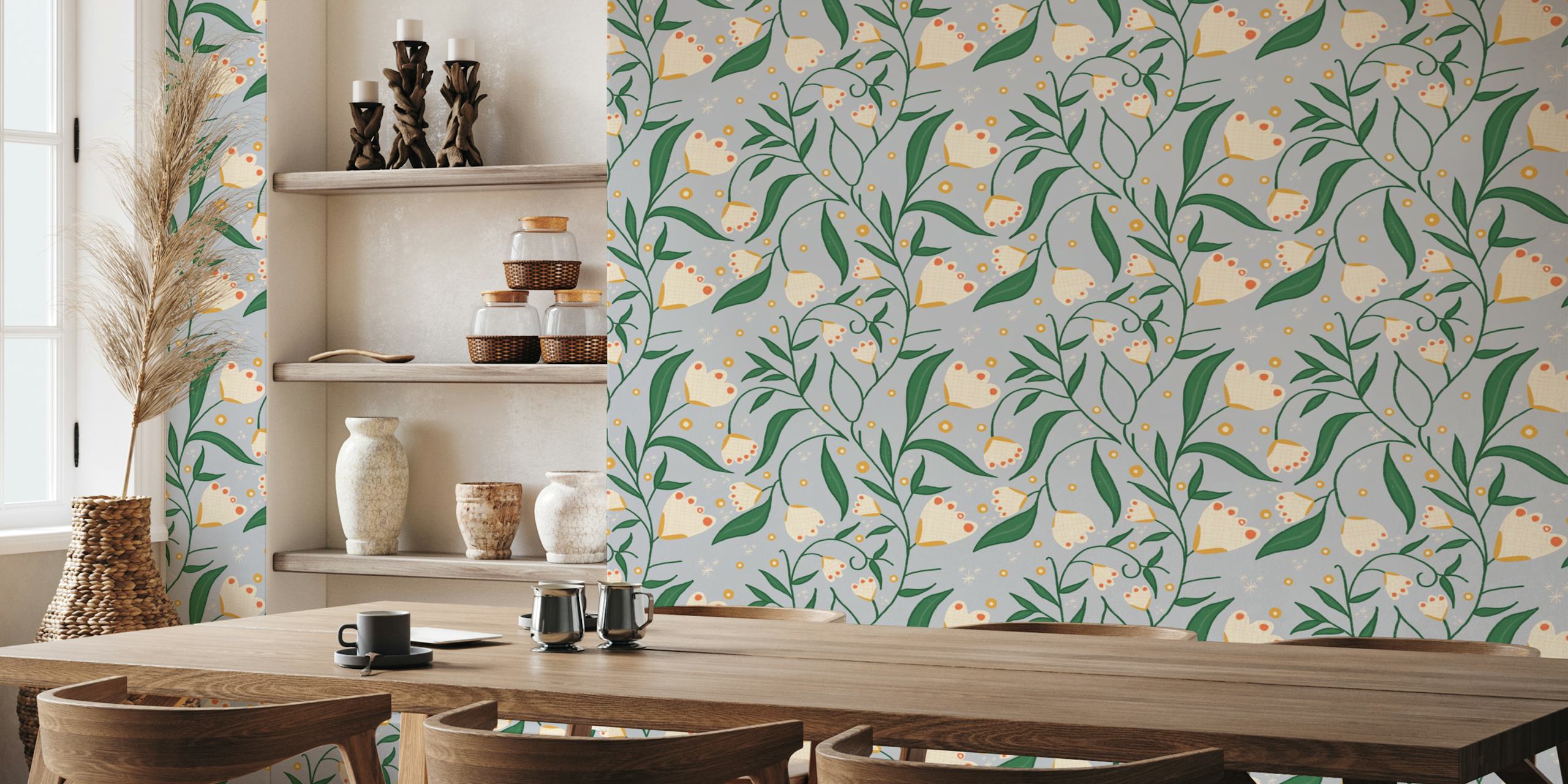 White floral pattern with green leaves and yellow accents wallpaper
