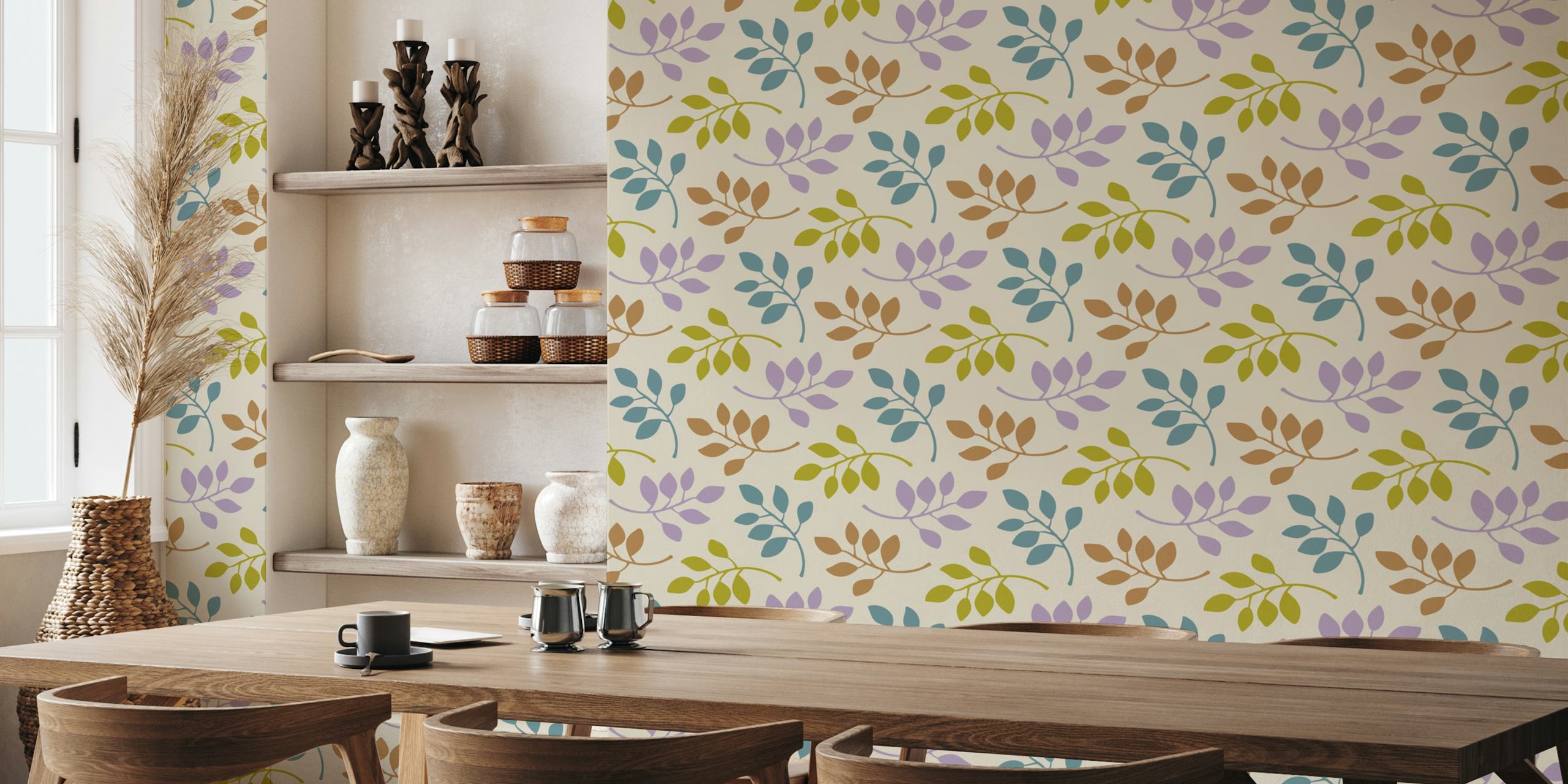 Colorful leaves in green, blue, and purple on warm white background wallpaper