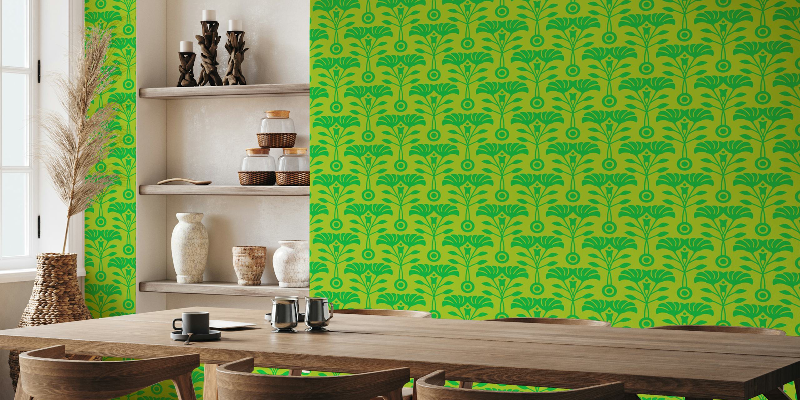 Papel pintado Retro Mid-Century Floral en verde lima