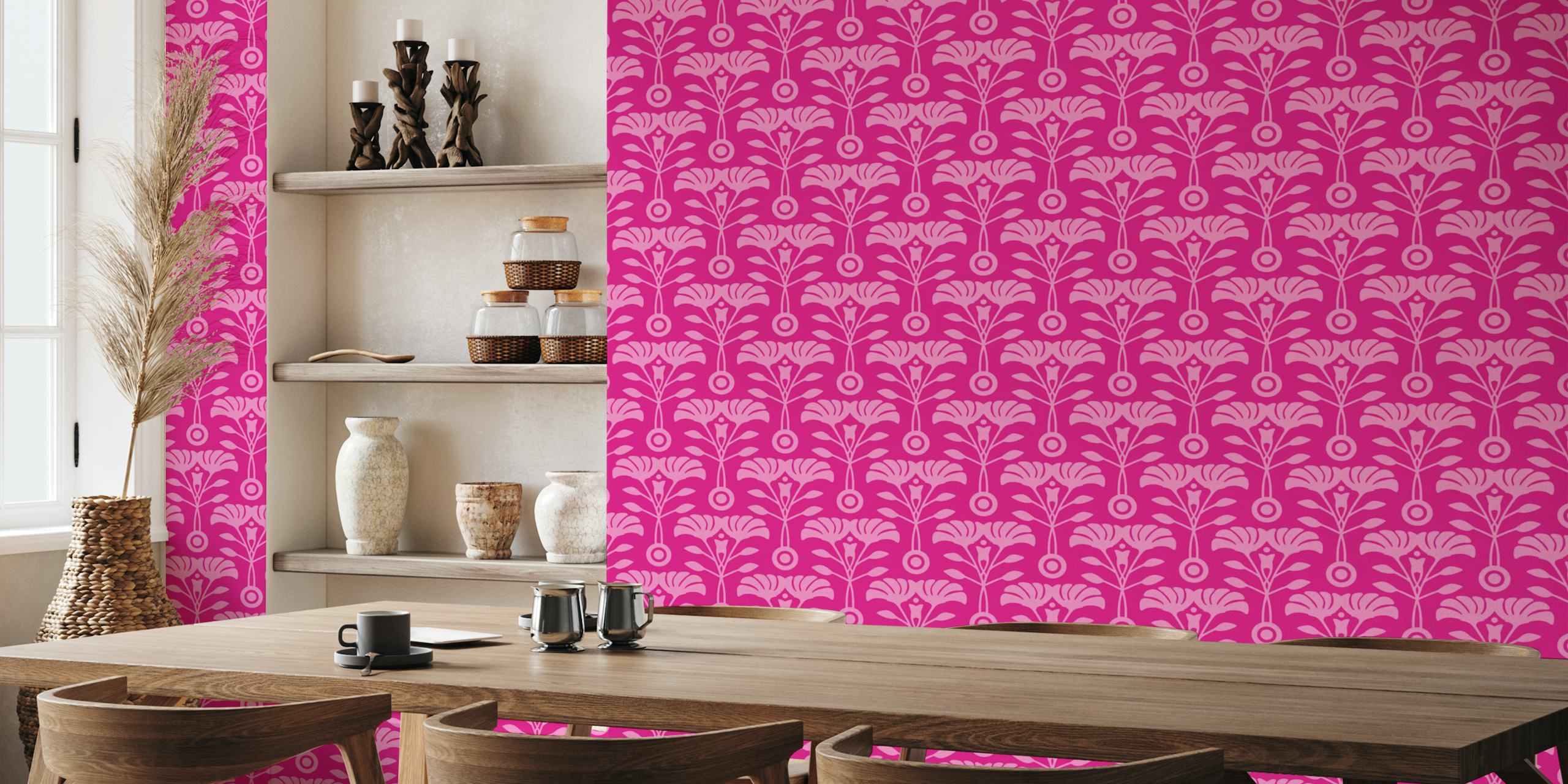 Art Nouveau Retro Mid-Century Floral Magenta Tapeta