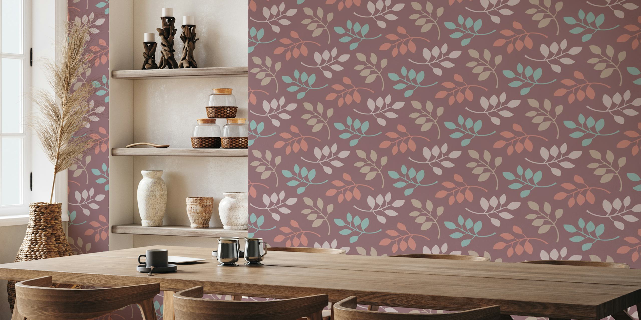 Floral leaves design in pastel colors on plum wallpaper