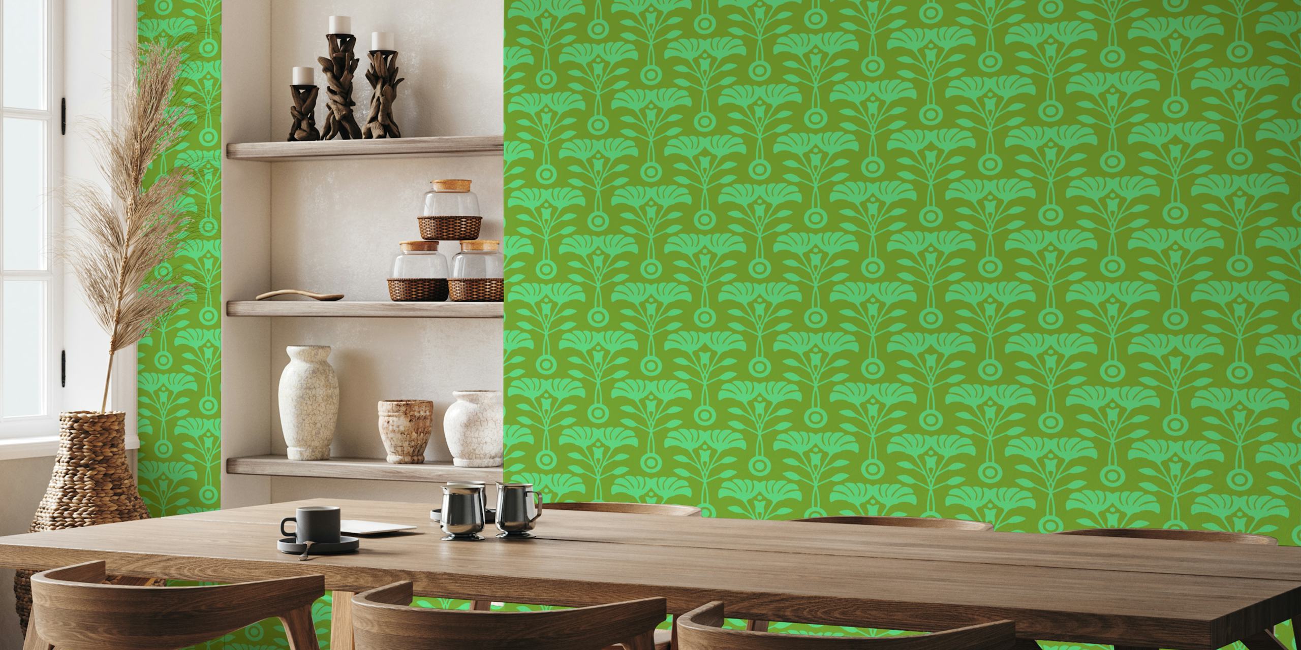Floral patterns in green and olive tones on wallpaper