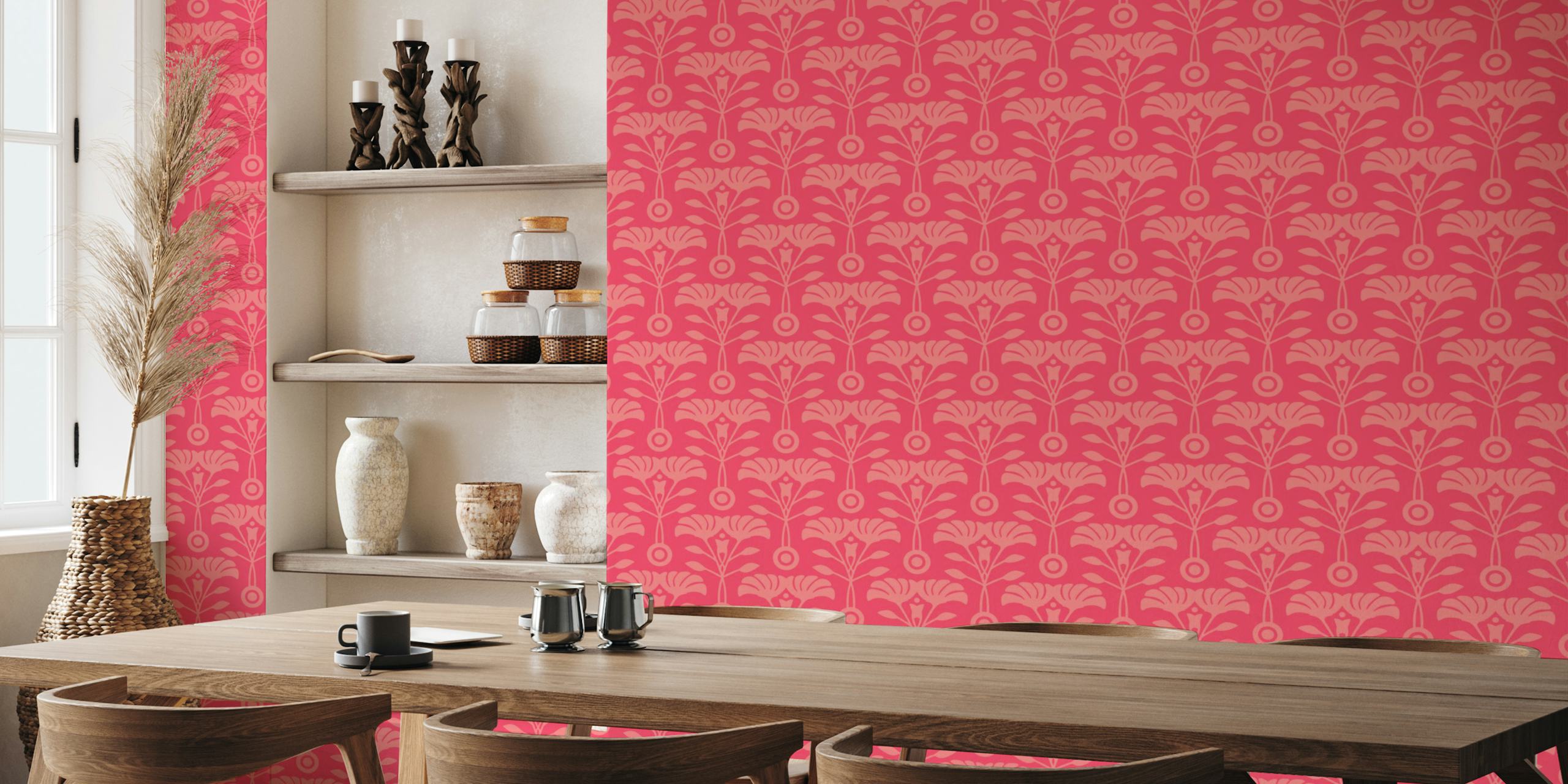 Red floral repeating pattern wallpaper in Art Nouveau style