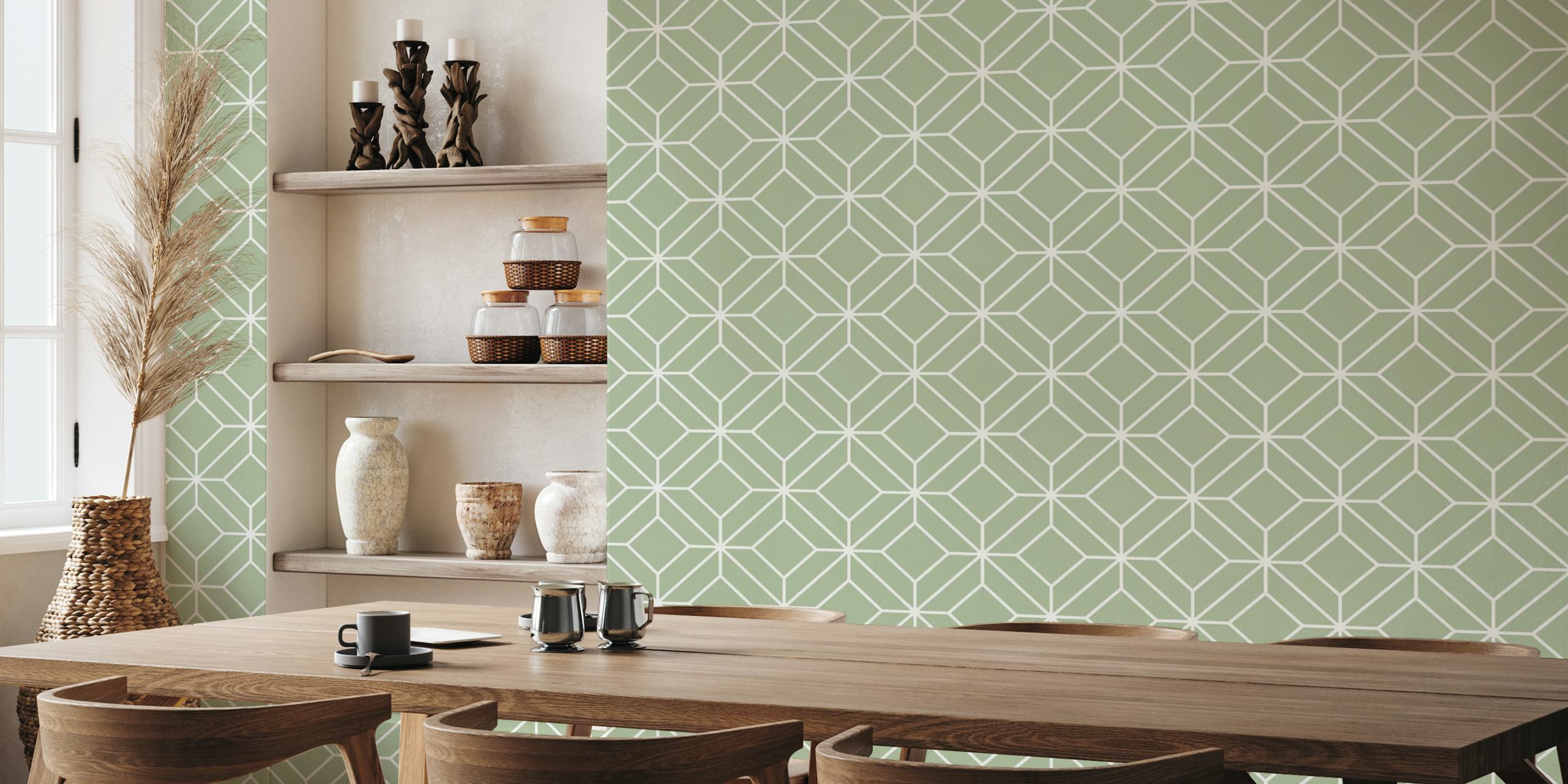 Victor Diamond Tiles - White on Sage Green wallpaper