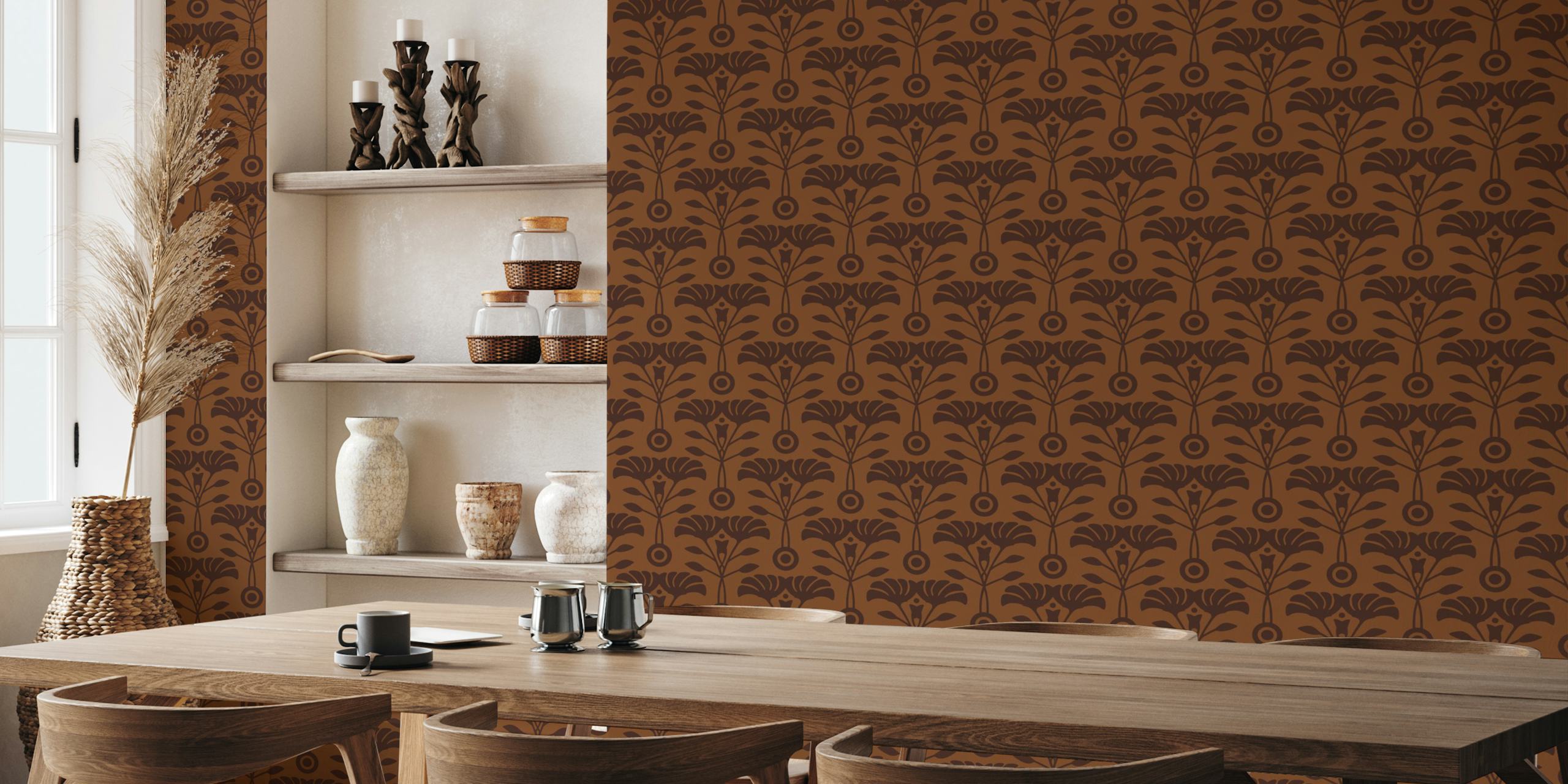 Art Nouveau Retro Mid-Century Floral Pattern In Brown Tones For Wall Mural