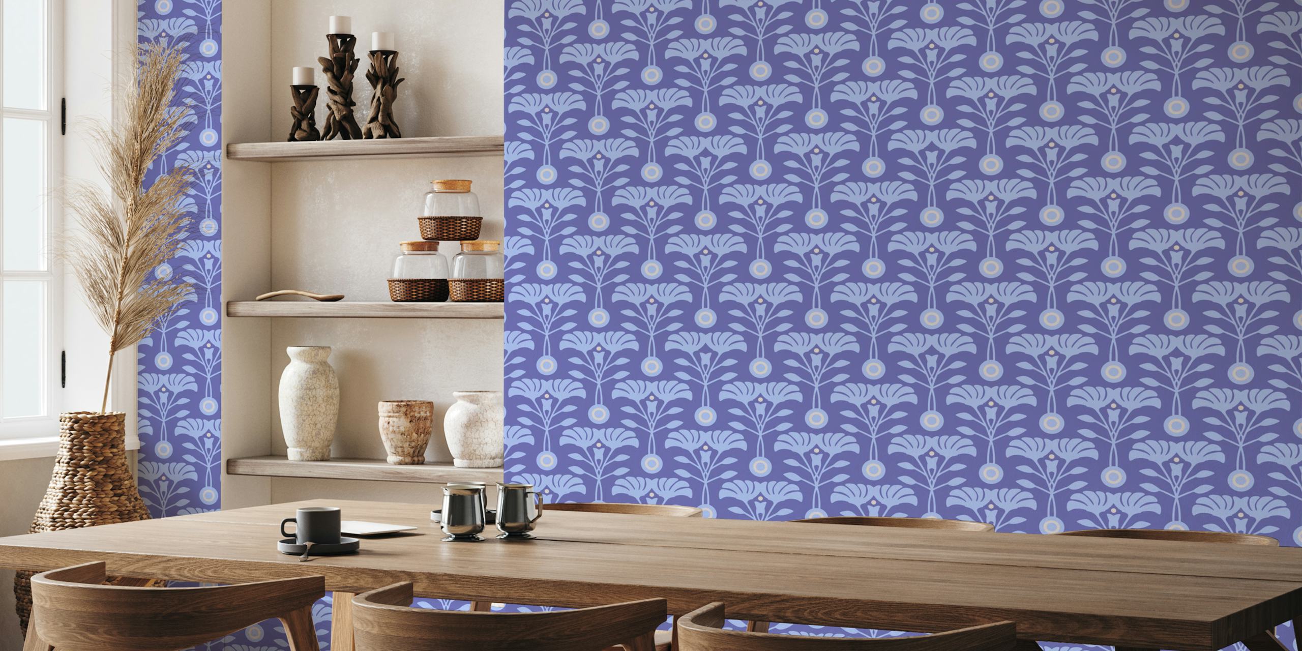 Floral patterns in purple and light blue on wallpaper