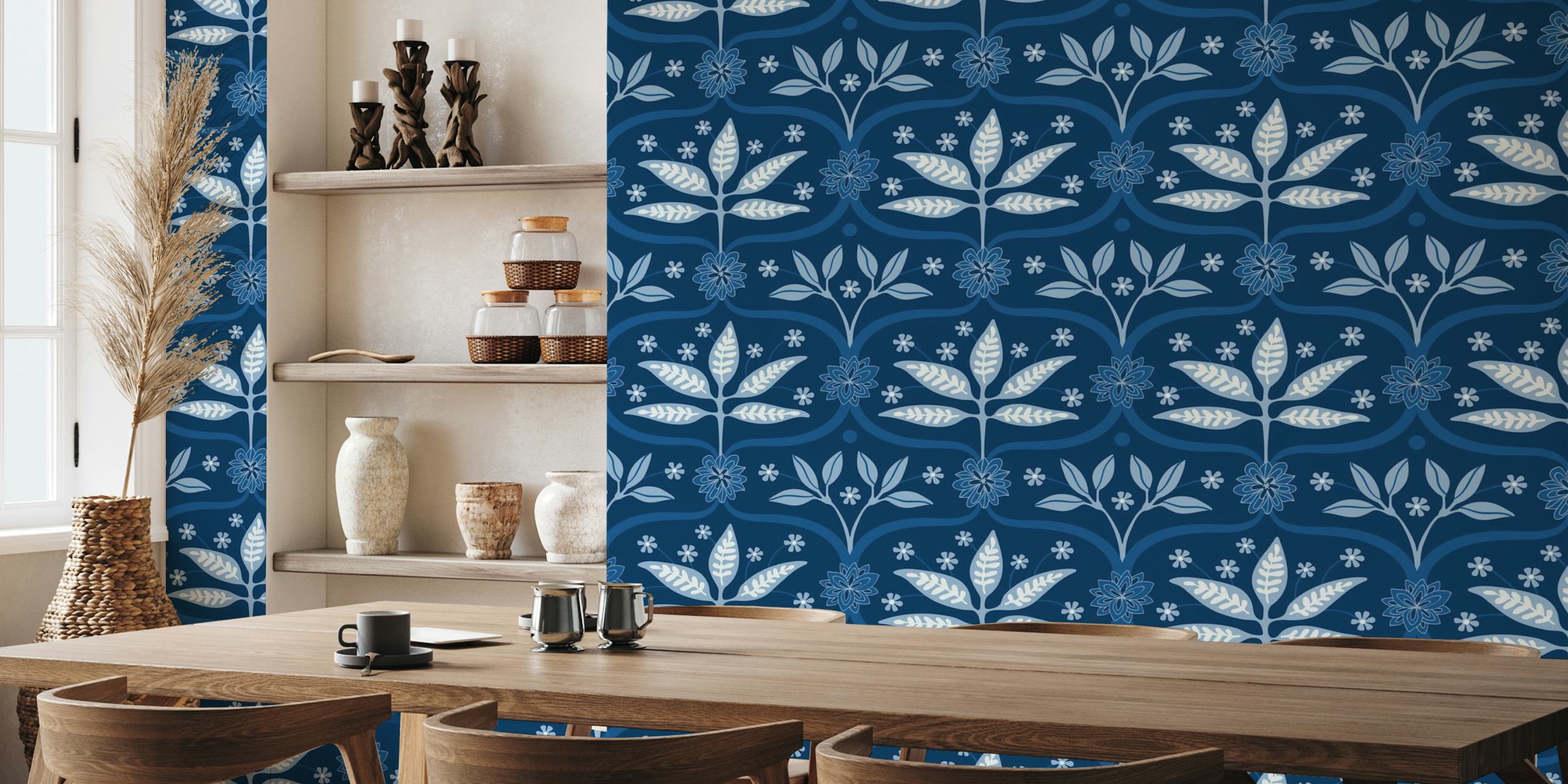 Blue floral damask wallpaper with leaves and flowers