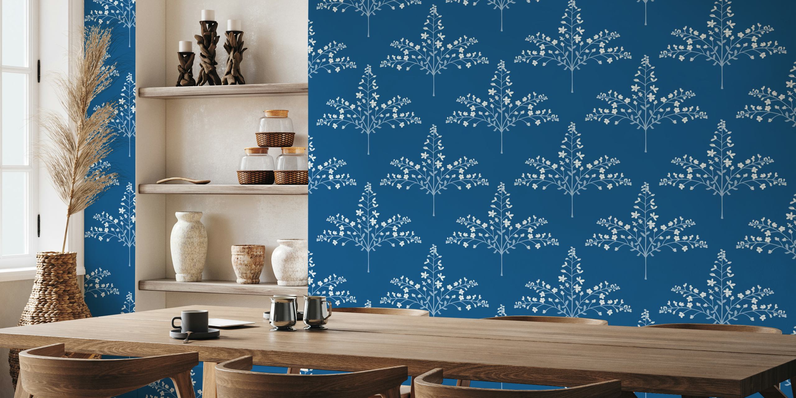 Blue And White Floral Wallpaper In A Room