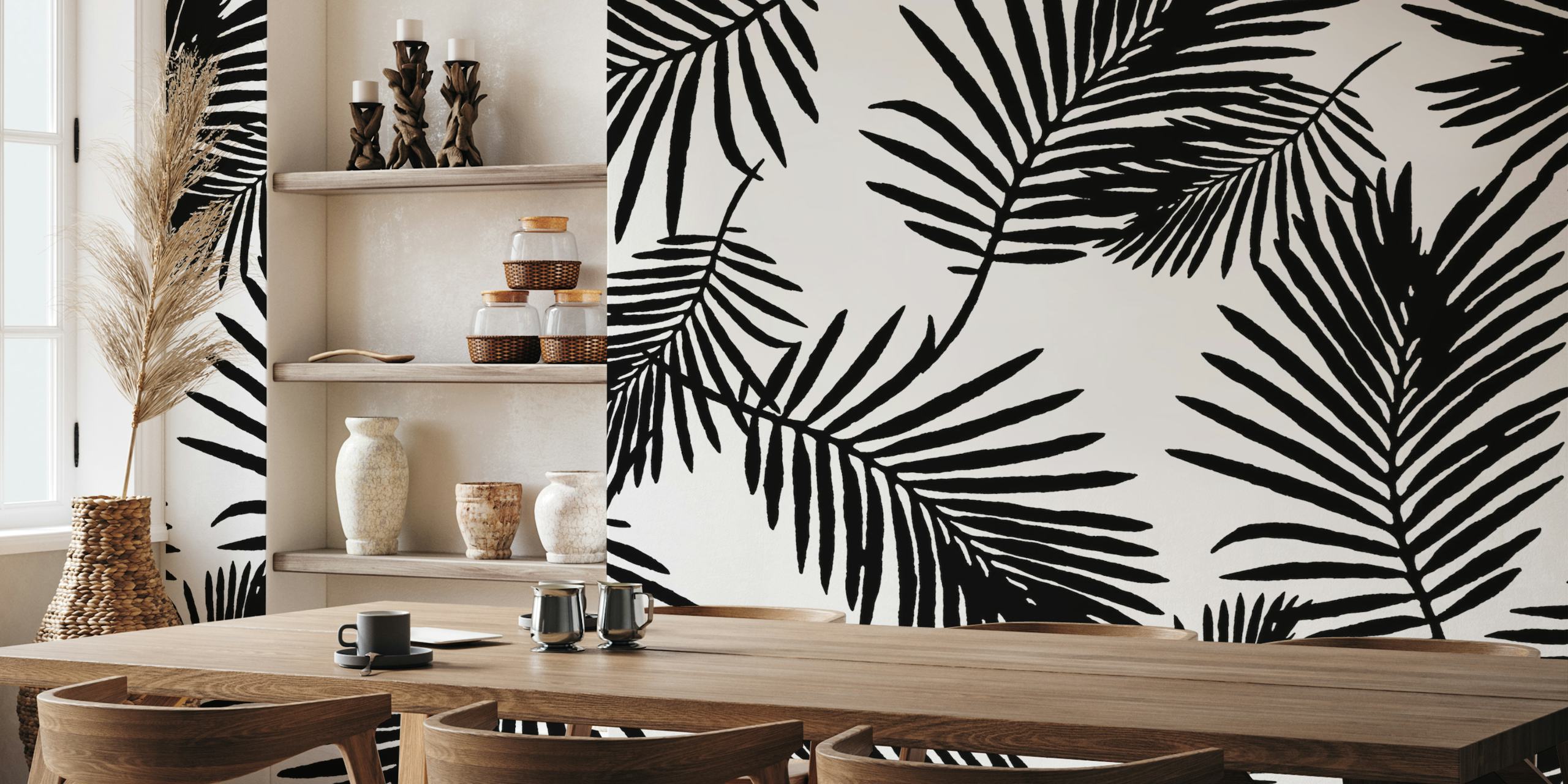 Black and white tropical palm leaf wallpaper design