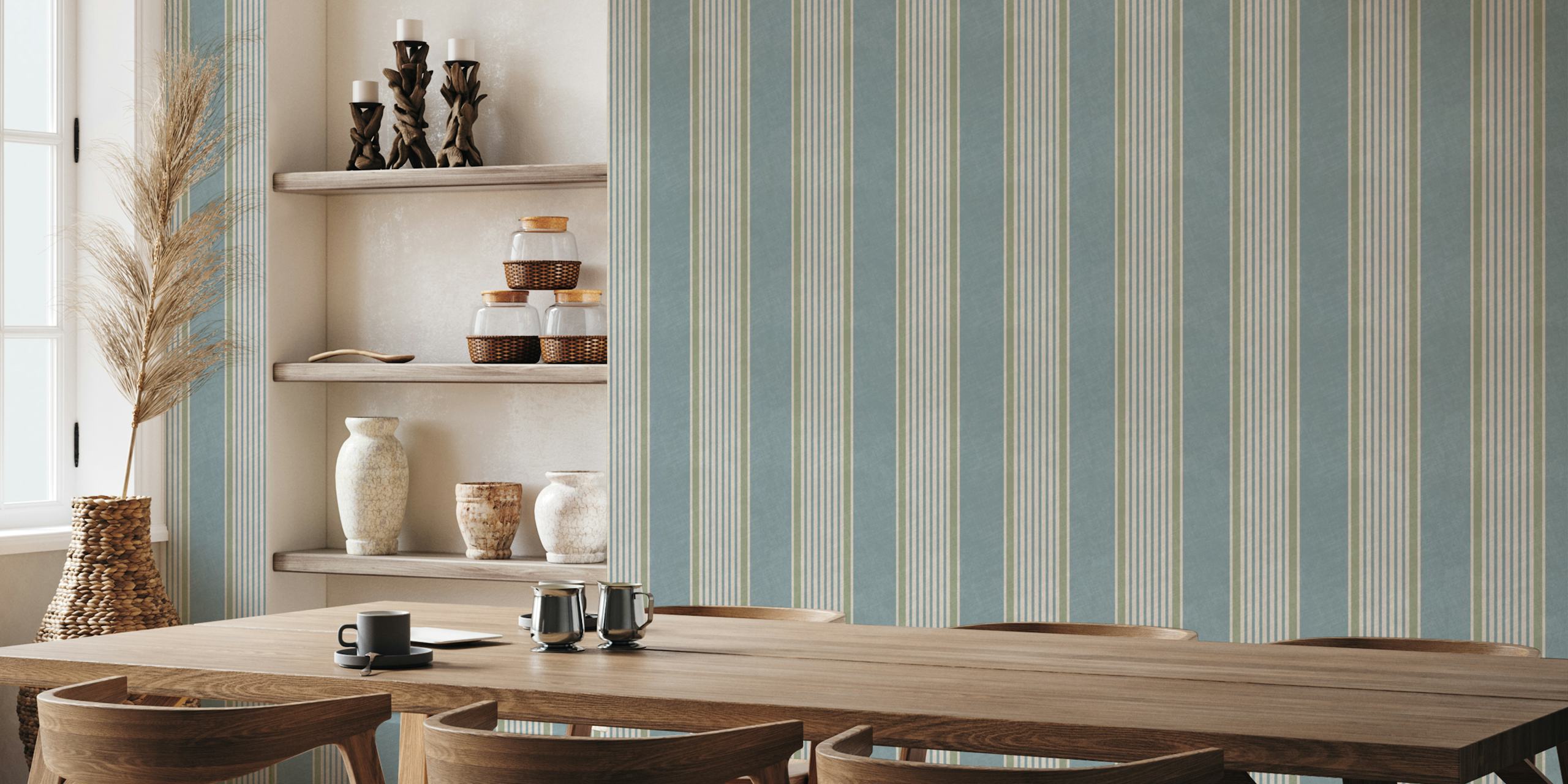 Antique stripes in slate blue and sage green wallpaper