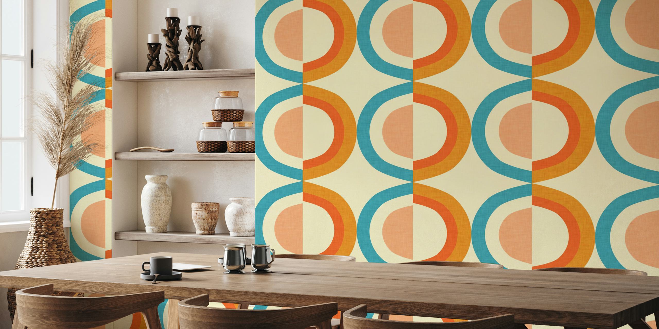 Abstrakte Formen in Orange, Blau und Rosa auf beigem Hintergrund tapete