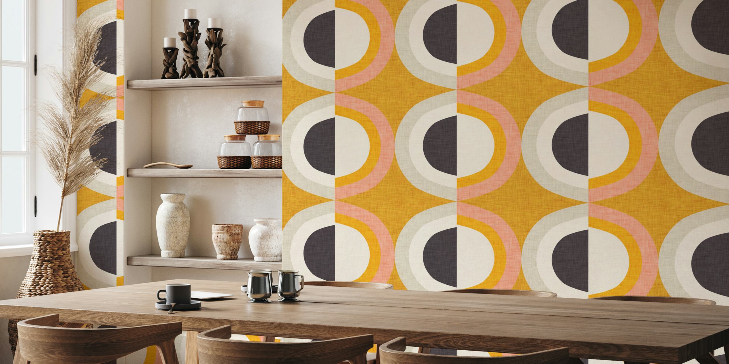 Mural de parede de estilo moderno de meados do século com formas geométricas em amarelo e carvão