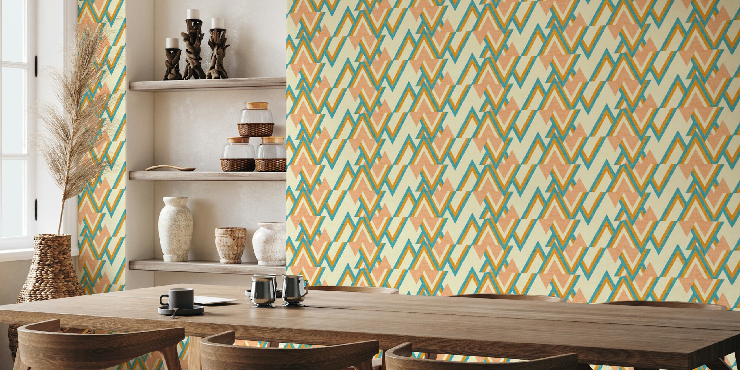 Retro mid-century modern geometric wall mural in pearl, peach, and aqua colors