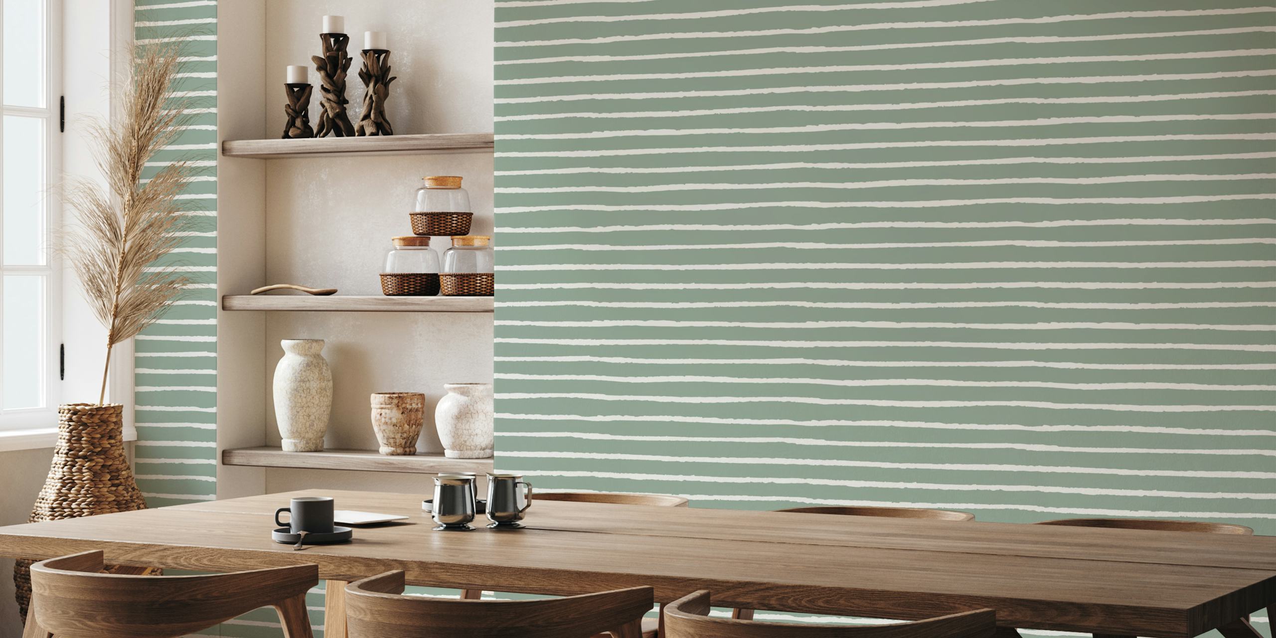 Papel pintado Sage green Abstract Stripes en una habitación