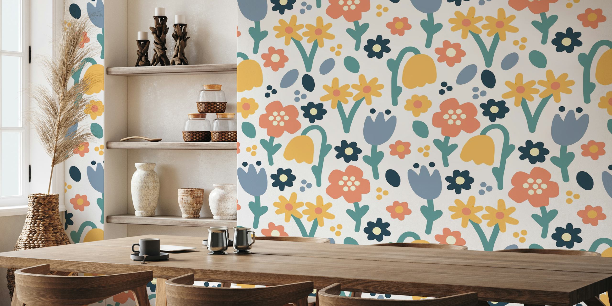 Colorful floral design with pink, blue, yellow, and green elements wallpaper