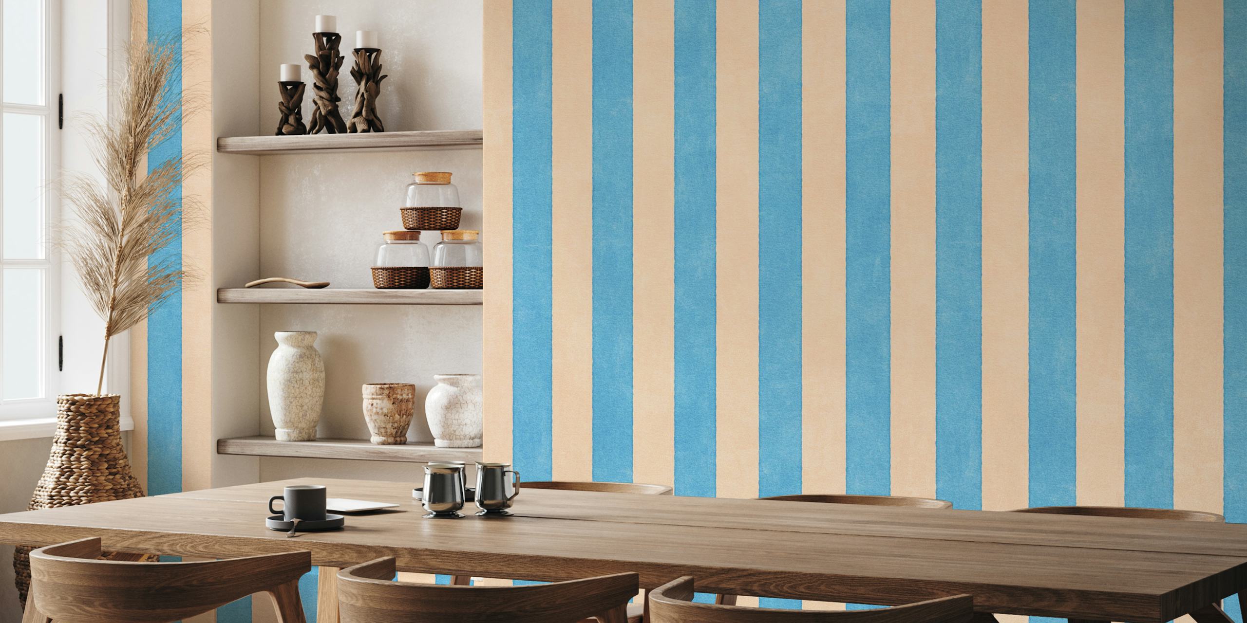 Blue and peach striped wallpaper in a modern style