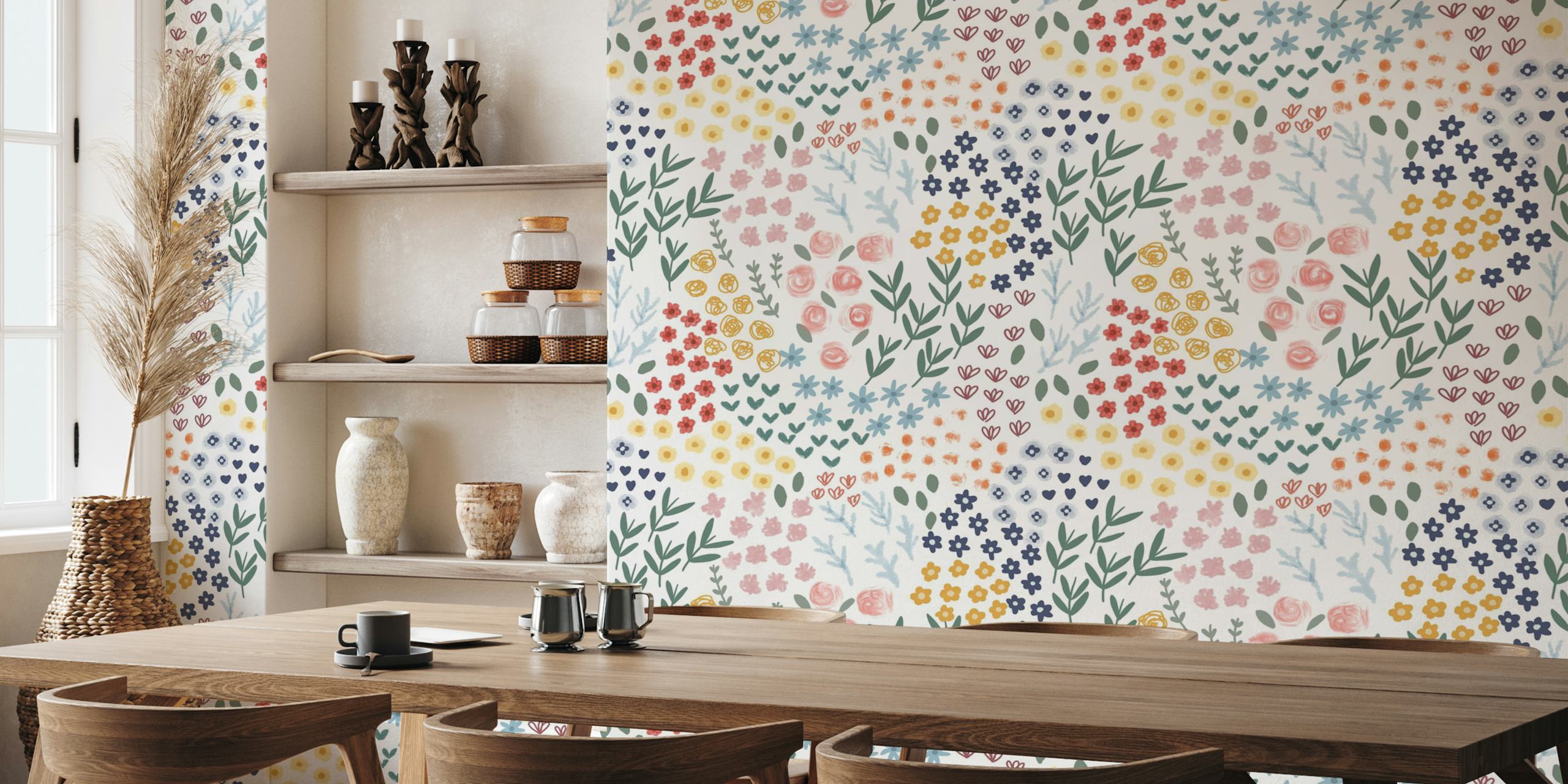 Patchwork blommig tapet med en pastellpalett av stiliserade blommor och växter