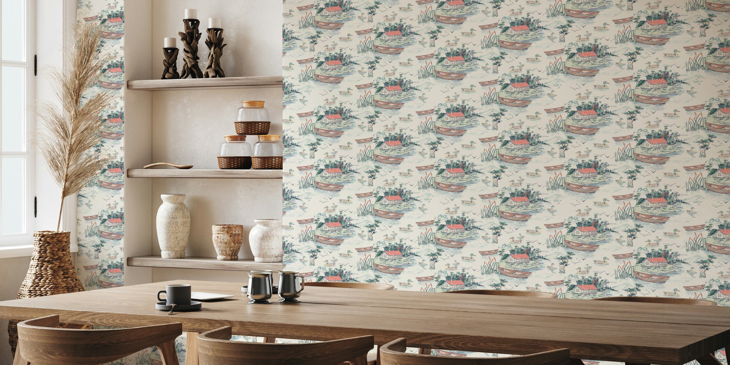Vintage lake scene wallpaper with boats, ducks, and cabins