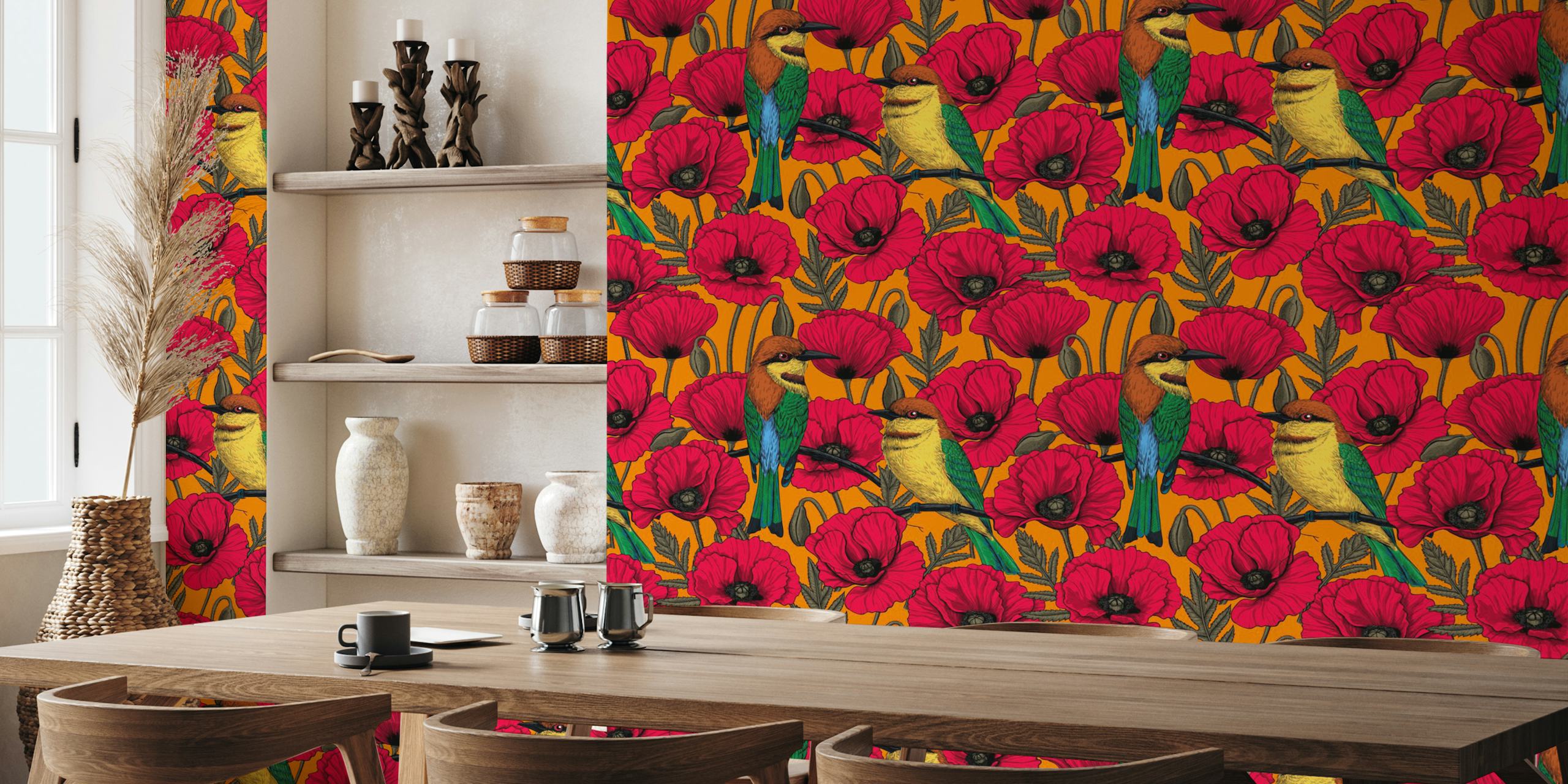 Bee eaters and poppies wallpaper in a room