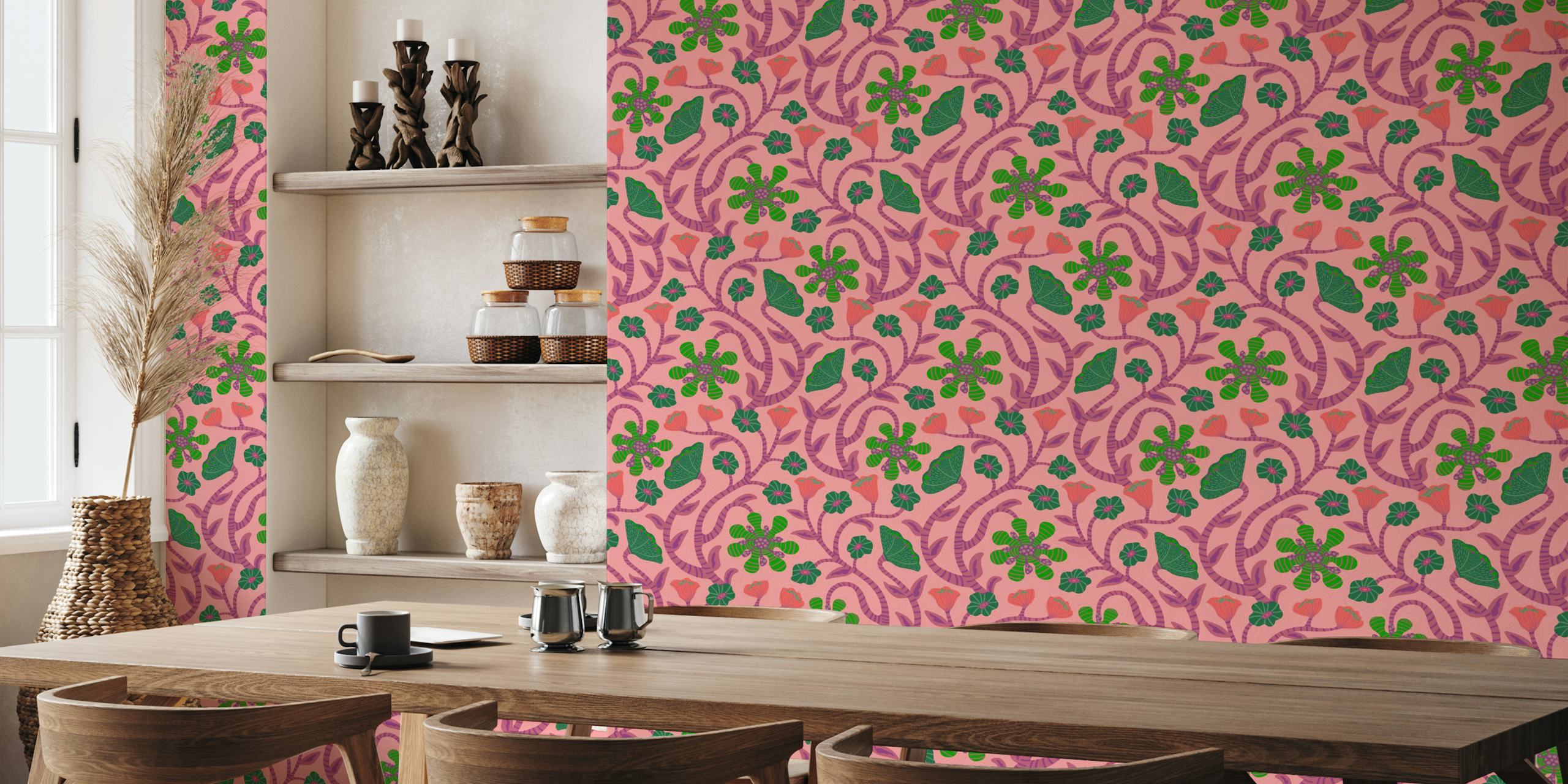 Fantasy floral pink wallpaper in a room