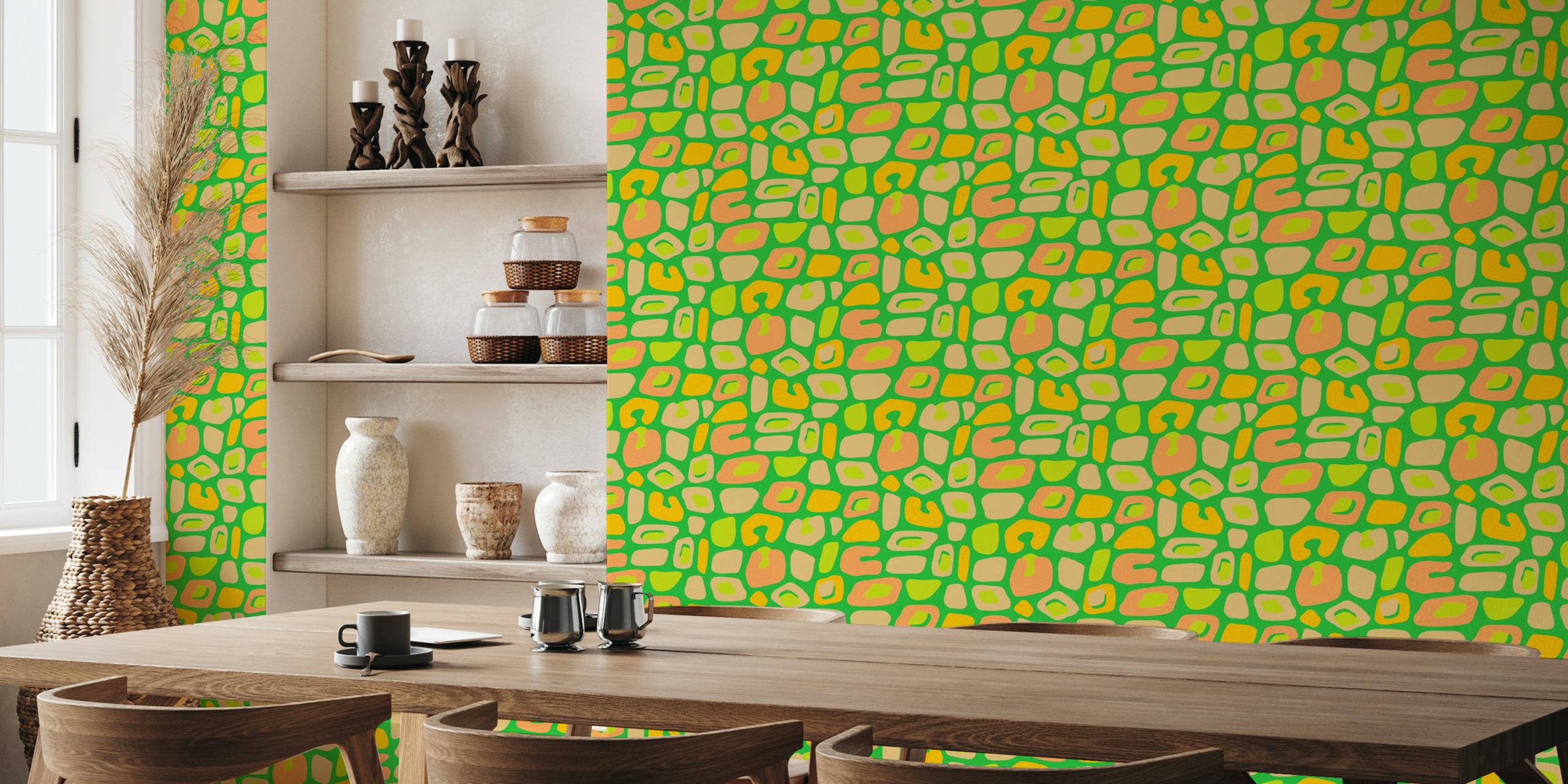 Colorful leopard print patterns in green, peach, and yellow wallpaper