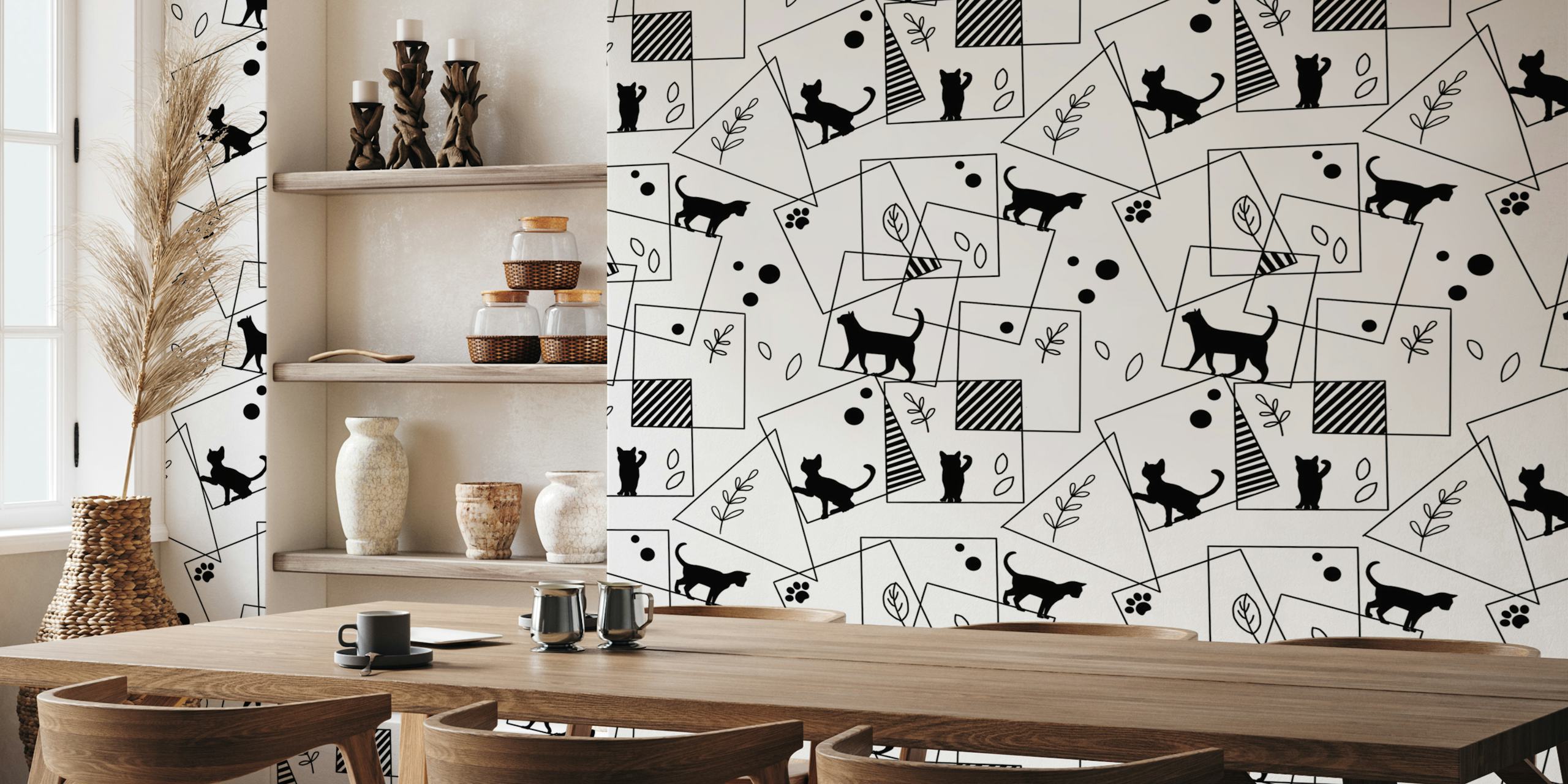 Black silhouette cats on white background with abstract shapes wallpaper