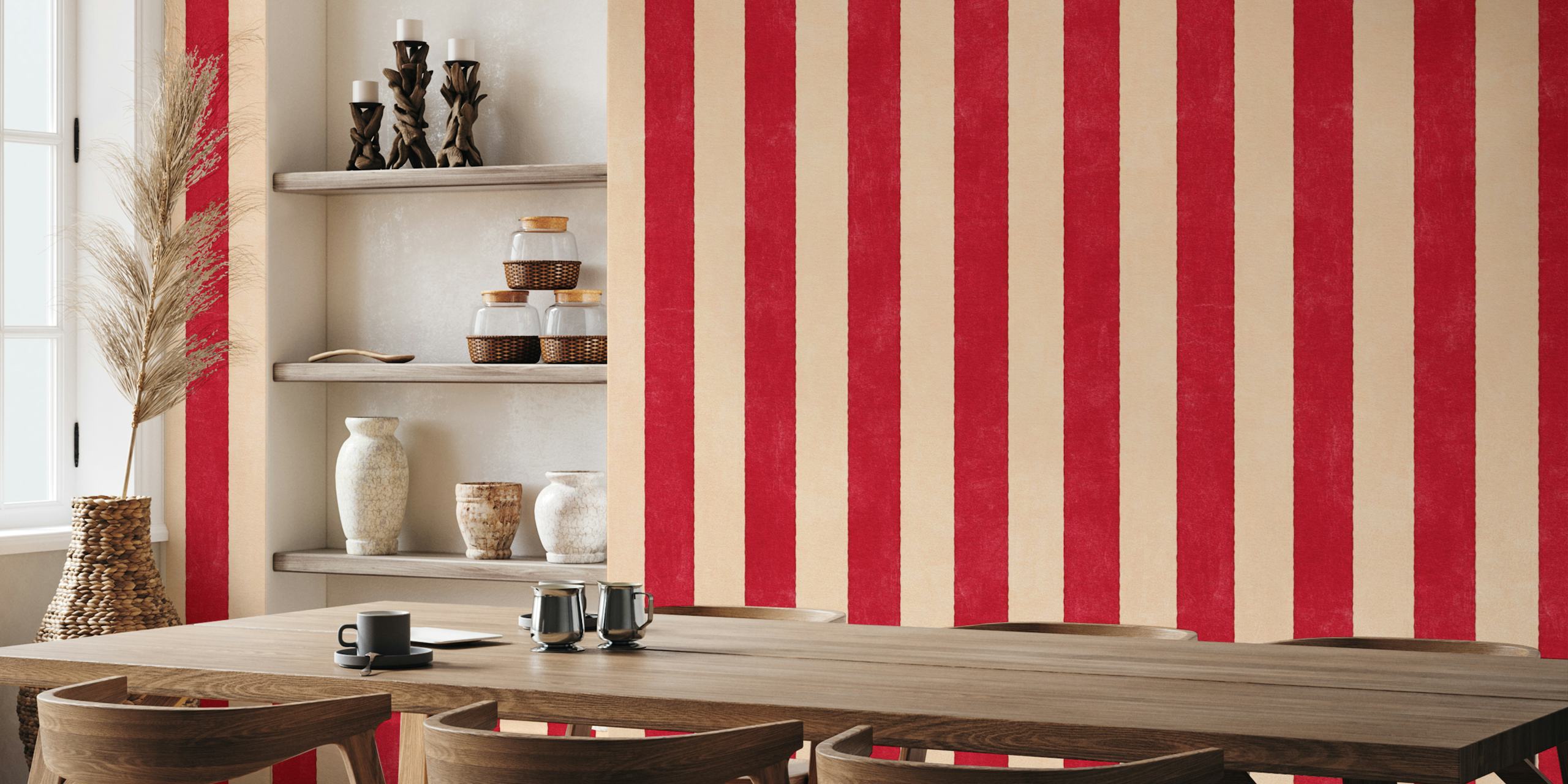 Red and cream vertical striped wallpaper design