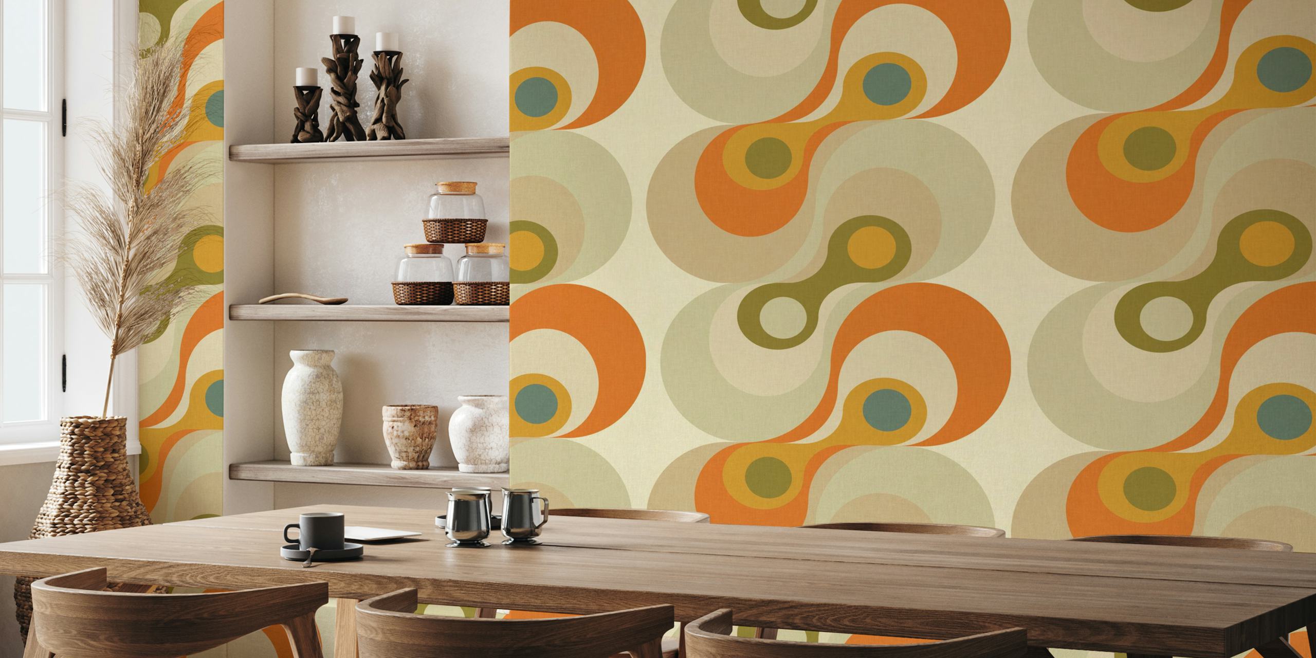 Abstract curvy geo swirls wall mural in orange, beige, and blue hues