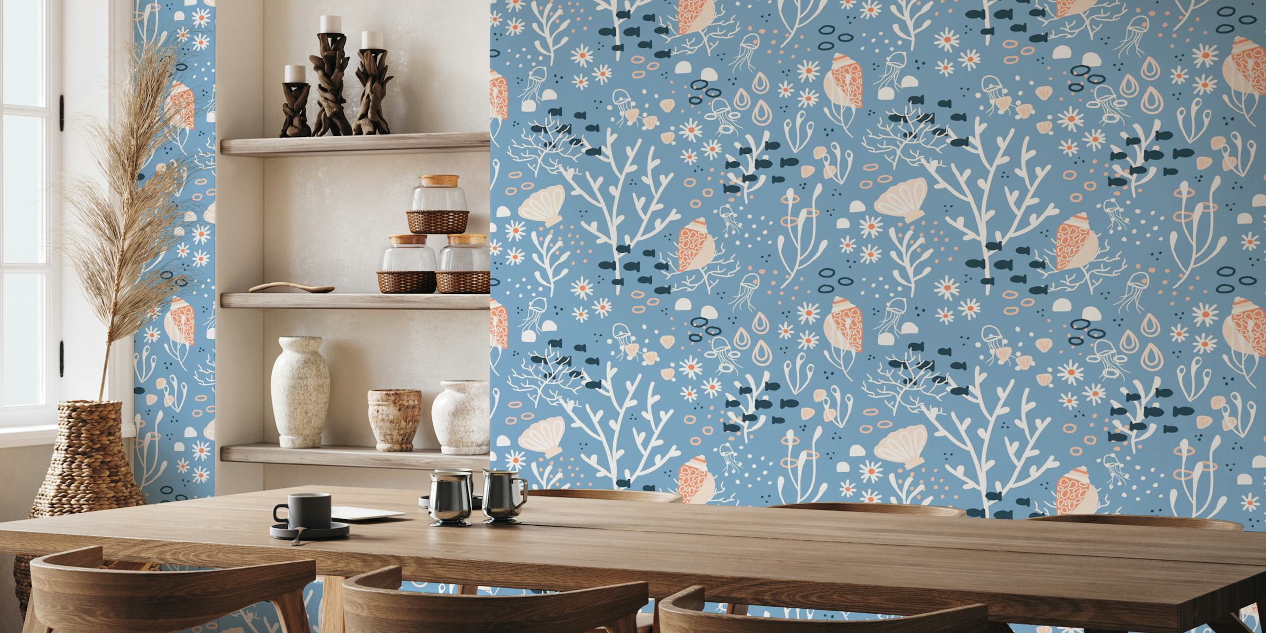 Fotomural de conchas y motivos marinos sobre fondo azul