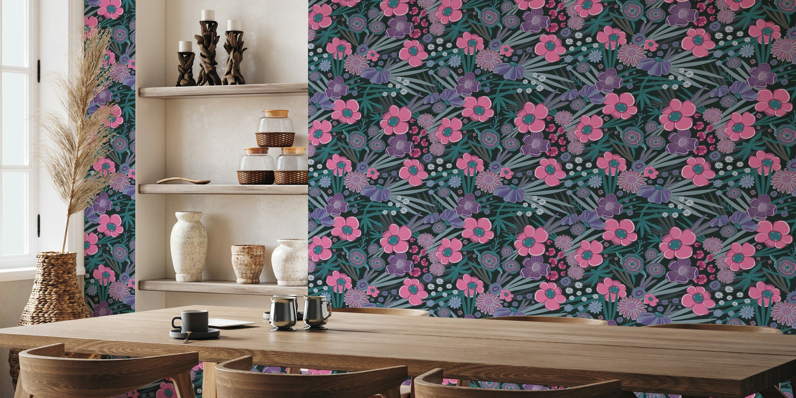 cute colorful flowers pattern wall mural with pink and purple blooms