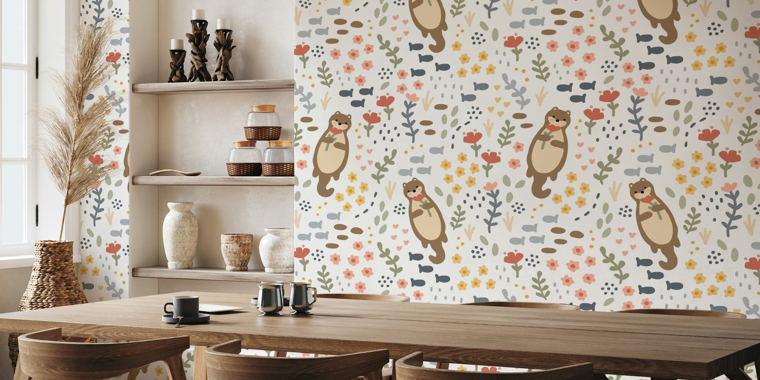 Cute otter with flowers and plants in soft colors wallpaper