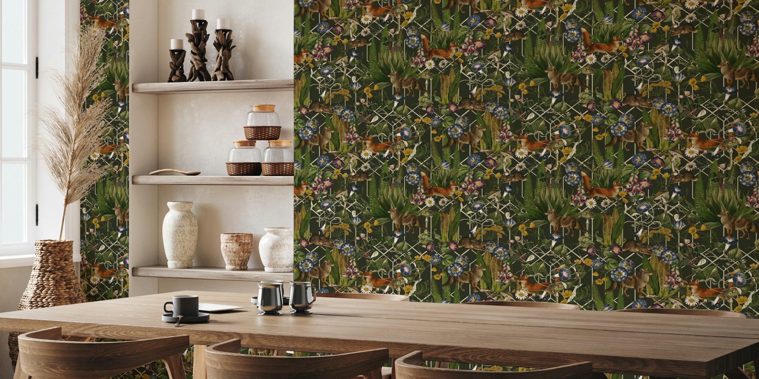 Vintage-inspired wall mural with animals and plants in a forest setting on happywall.com.