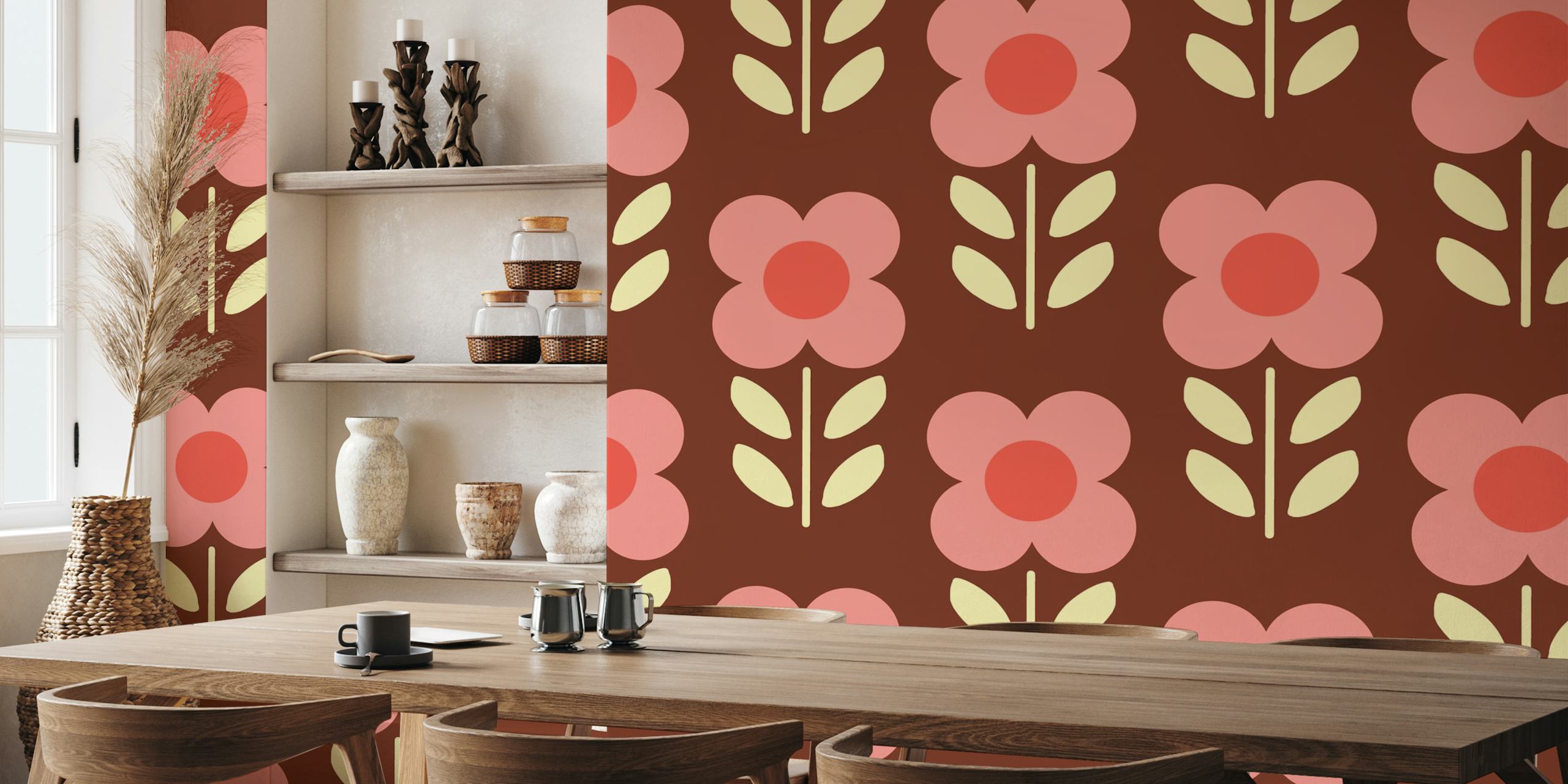 Pink daisy floral pattern on brown background wallpaper