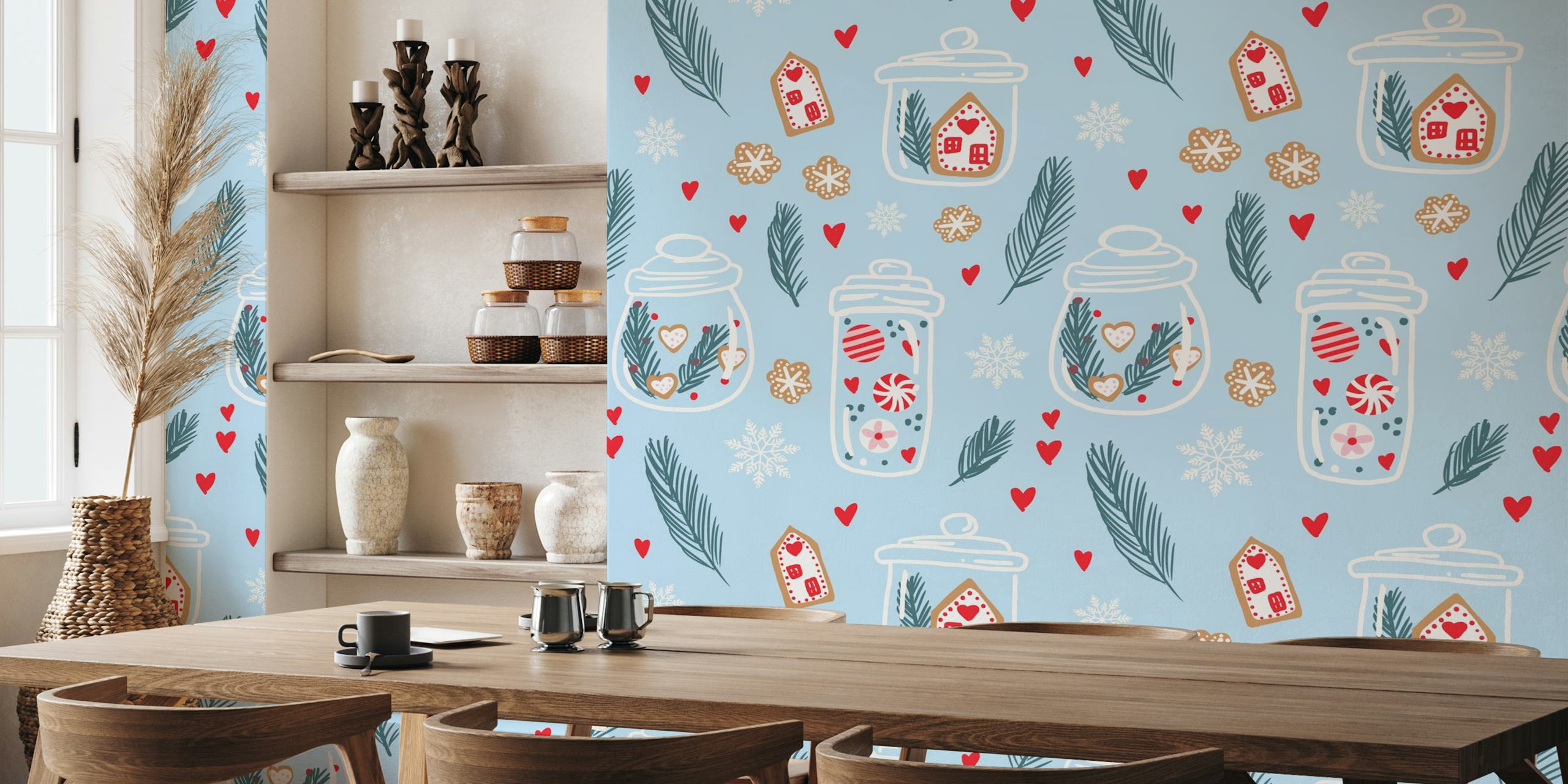 Christmas themed wall mural featuring gingerbread houses and candy canes in jars on a blue background